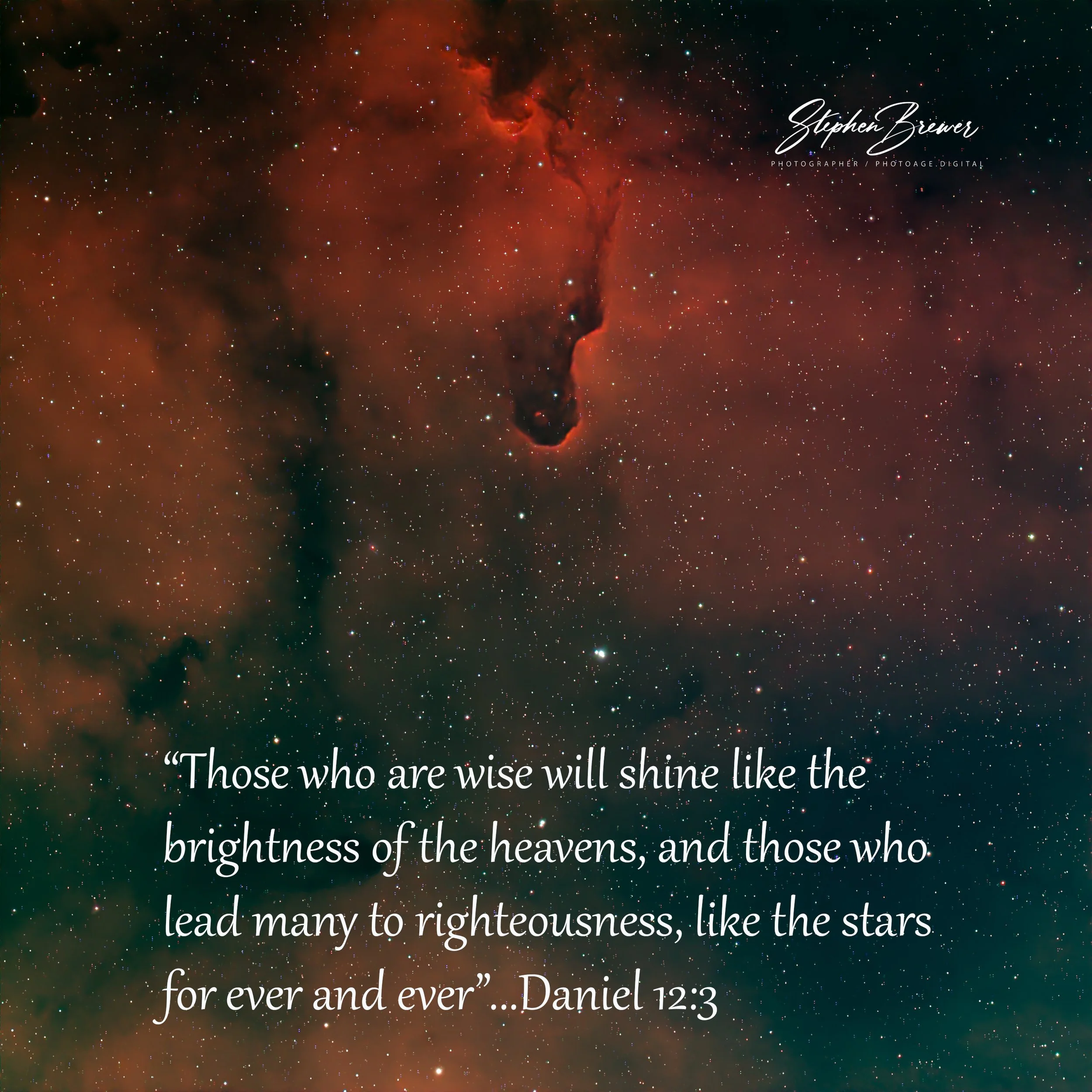 A deep space image featuring stars and nebulae with a Bible quote from Daniel 12:3 overlayed, reading: "Those who are wise will shine like the brightness of the heavens, and those who lead many to righteousness, like the stars for ever and ever".