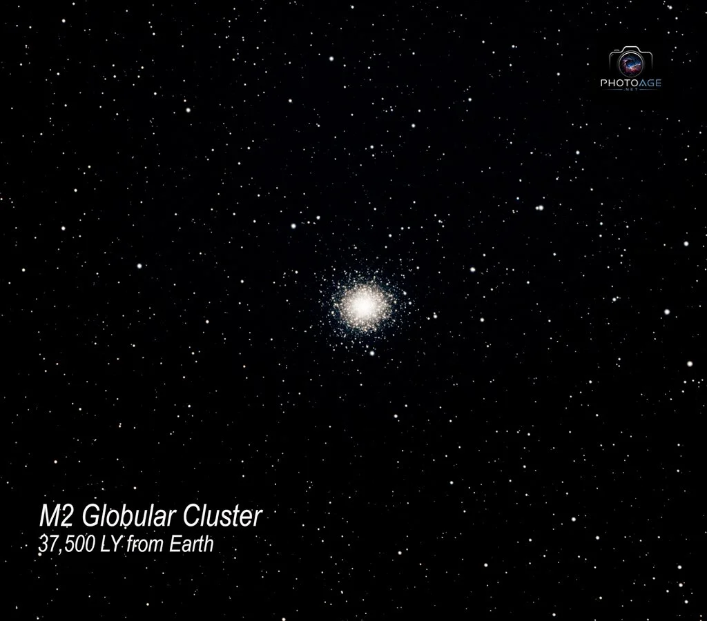 A star cluster in space with numerous stars and a dense core, labeled as M2 Globular Cluster, located 37,500 light years from Earth.