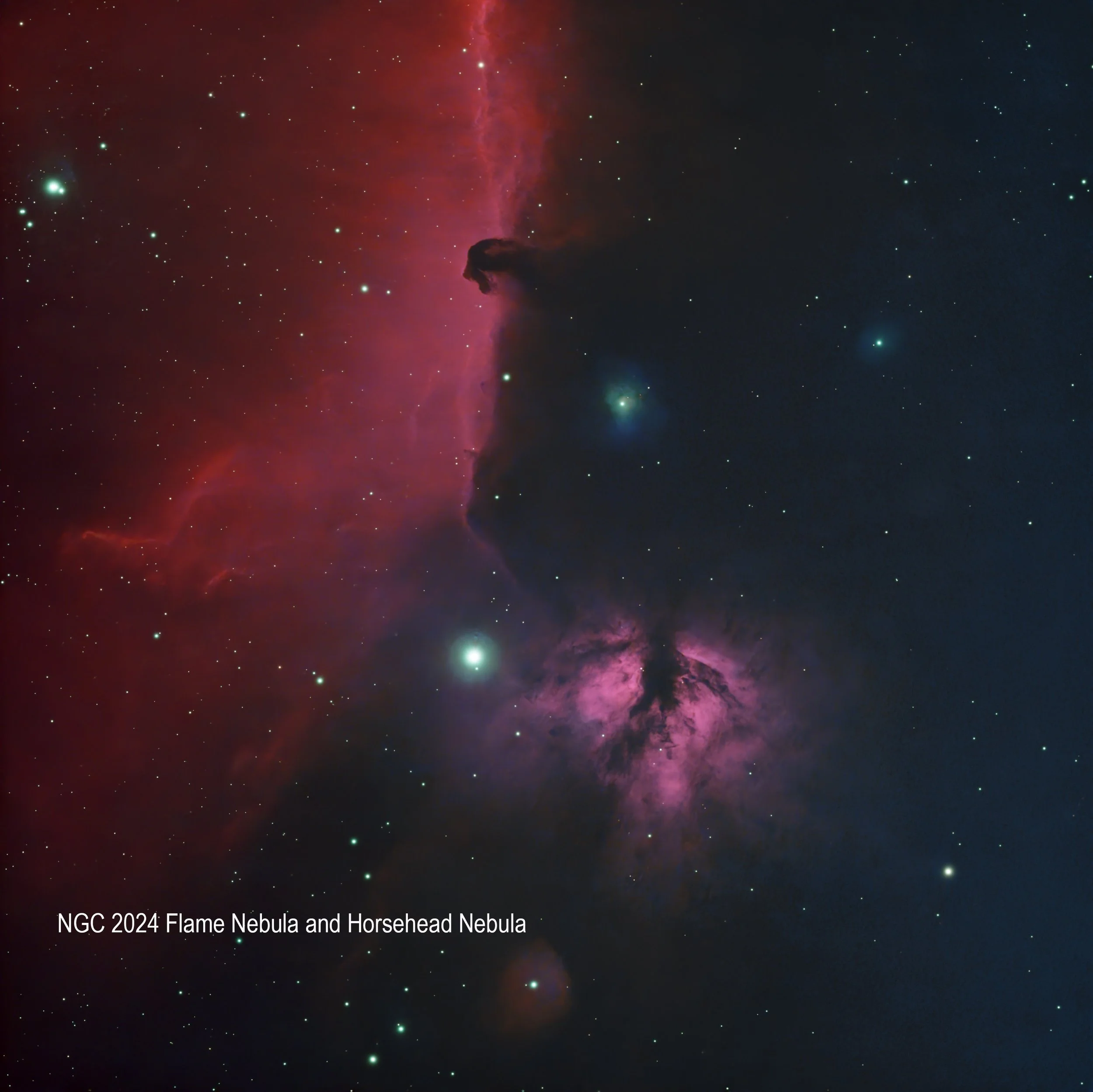 A stunning view of the Flame Nebula and Horsehead Nebula in deep space, with bright stars scattered across the scene and colorful clouds of gas and dust.