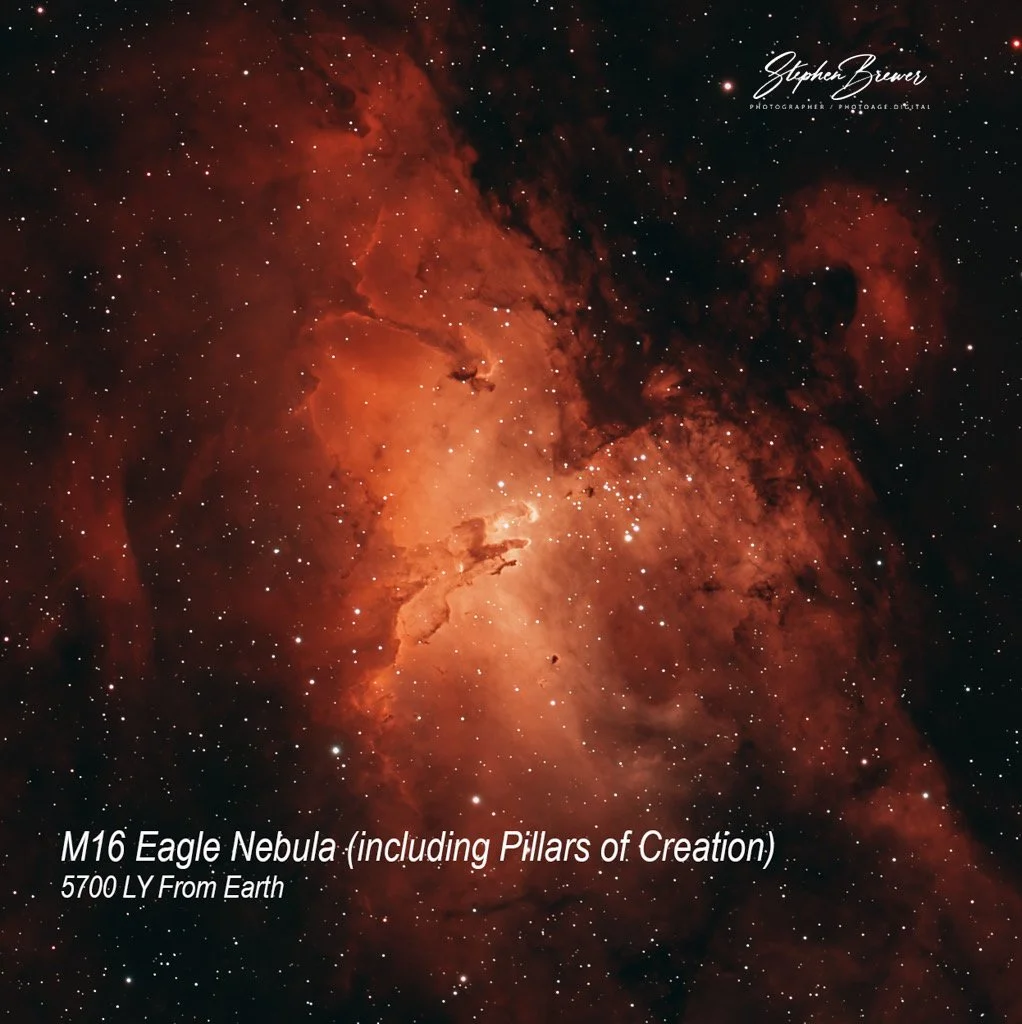 Photo of the M16 Eagle Nebula, also known as the Pillars of Creation, showing a colorful, cloud-like structure in space with numerous stars. Text indicates it is 5700 light-years from Earth.