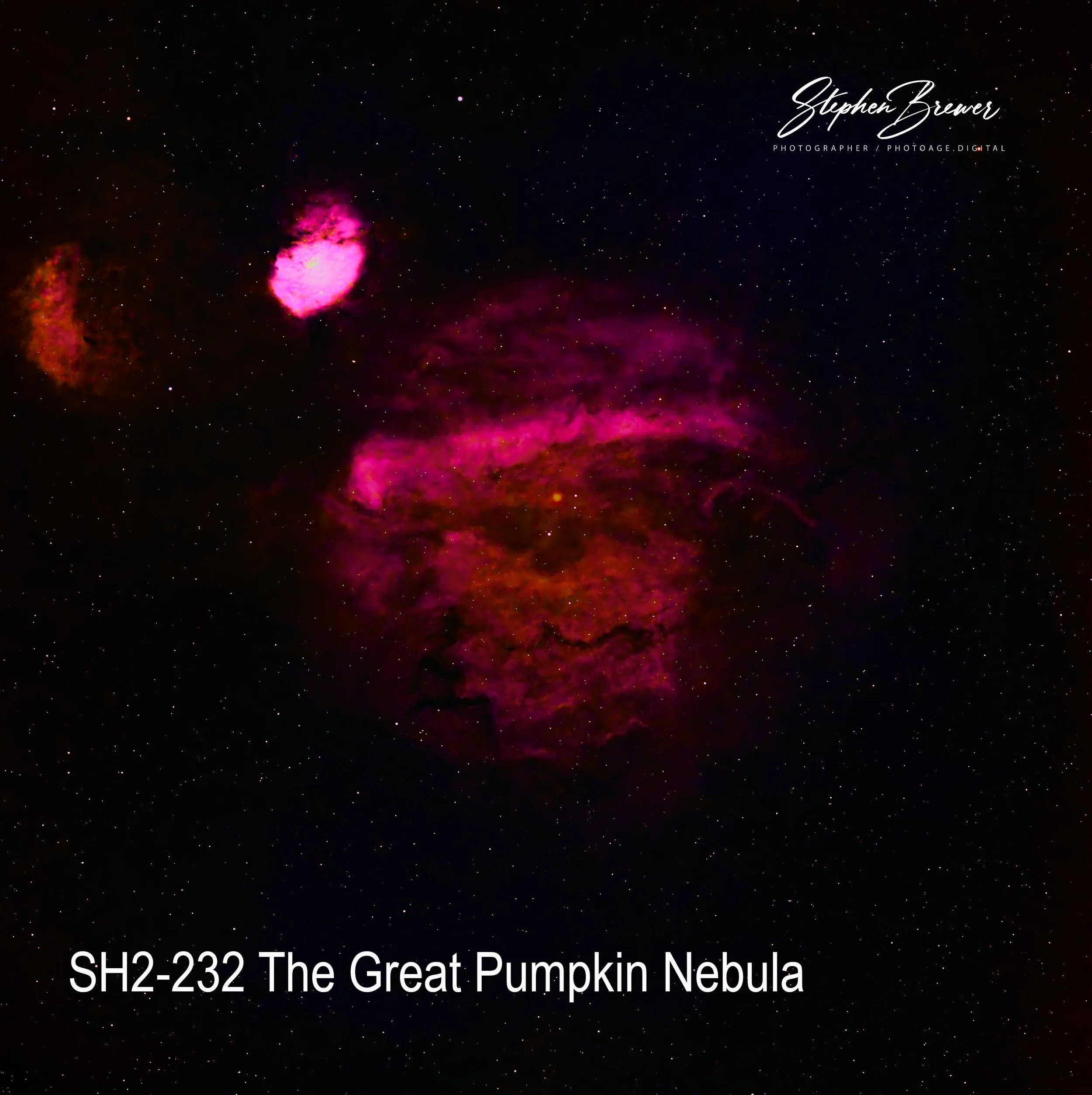 Image of the Great Pumpkin Nebula (SH2-233-2) with a dark star-filled space background, pink and purple nebula clouds, and white text with the photographer's name and title.