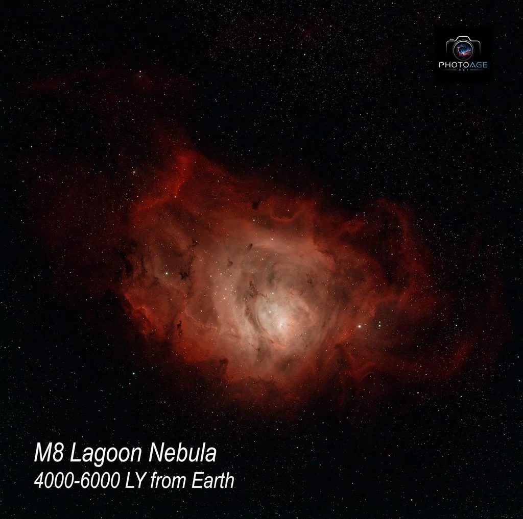Image of the M8 Lagoon Nebula with stars in space, showing a bright, colorful nebula at the center. Text overlay says, 'M8 Lagoon Nebula 4000-6000 LY from Earth.'