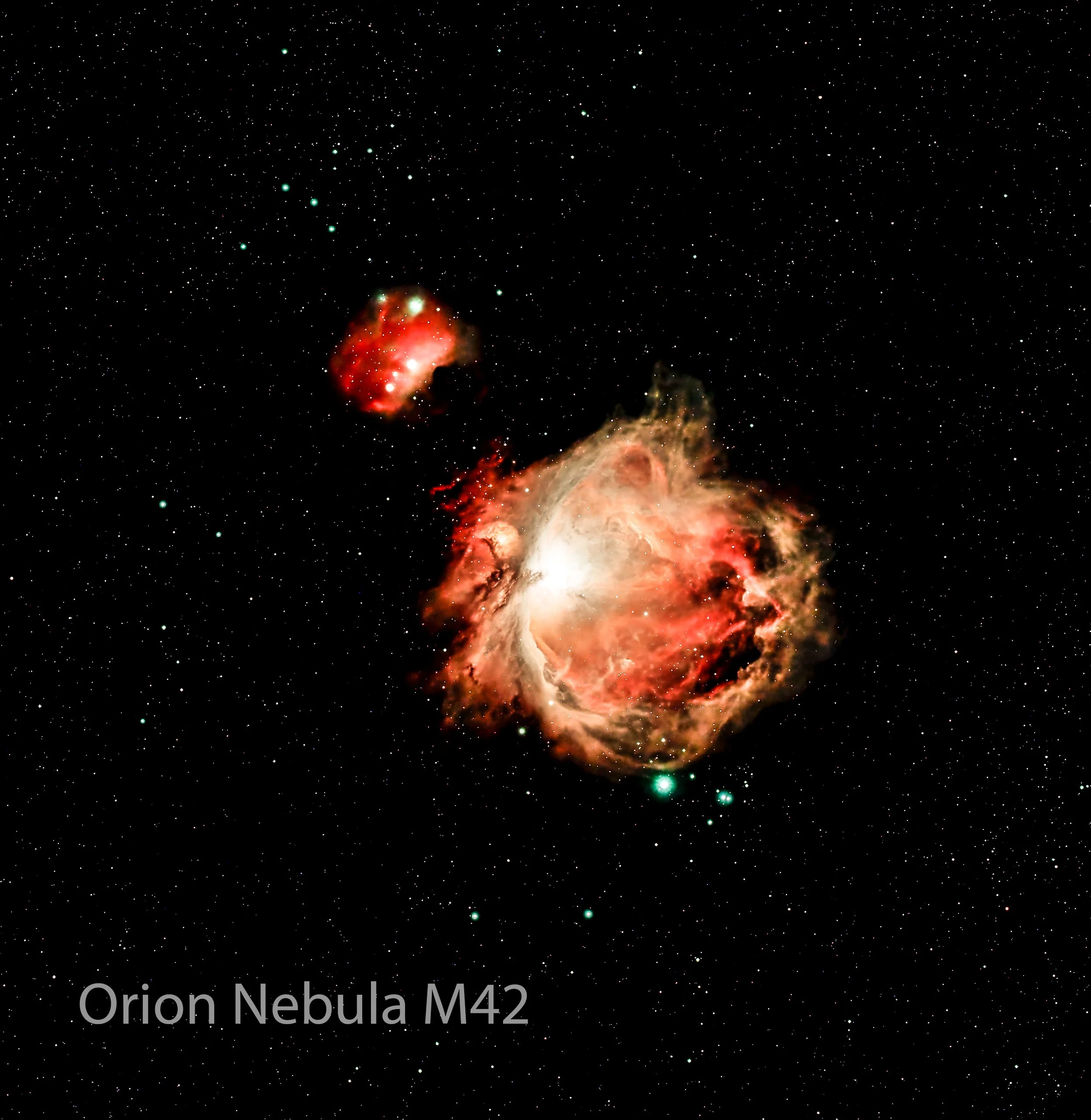 Deep space image of the Orion Nebula with numerous stars and bright nebula clouds. Text overlay indicates it's the Orion Nebula M42.