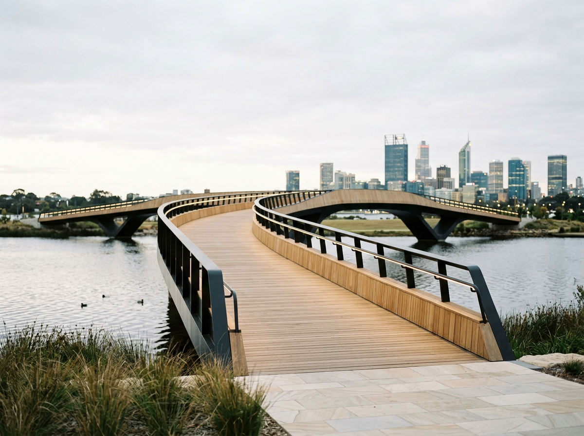 A winding wooden footbridge over a body of water with a city skyline in the background, during cloudy weather.