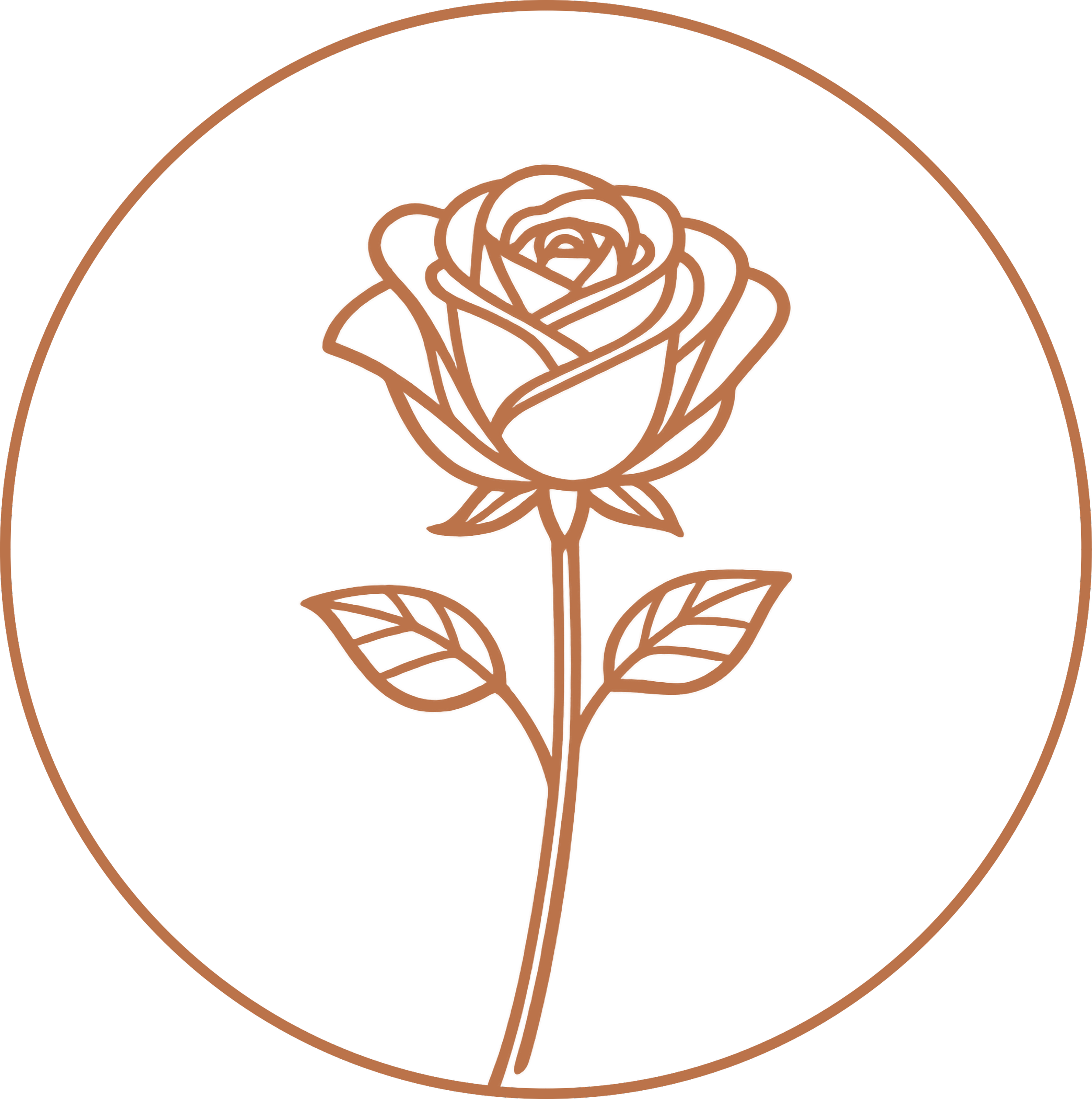 A stylized rose outline in brown inside a circular border on a black background.