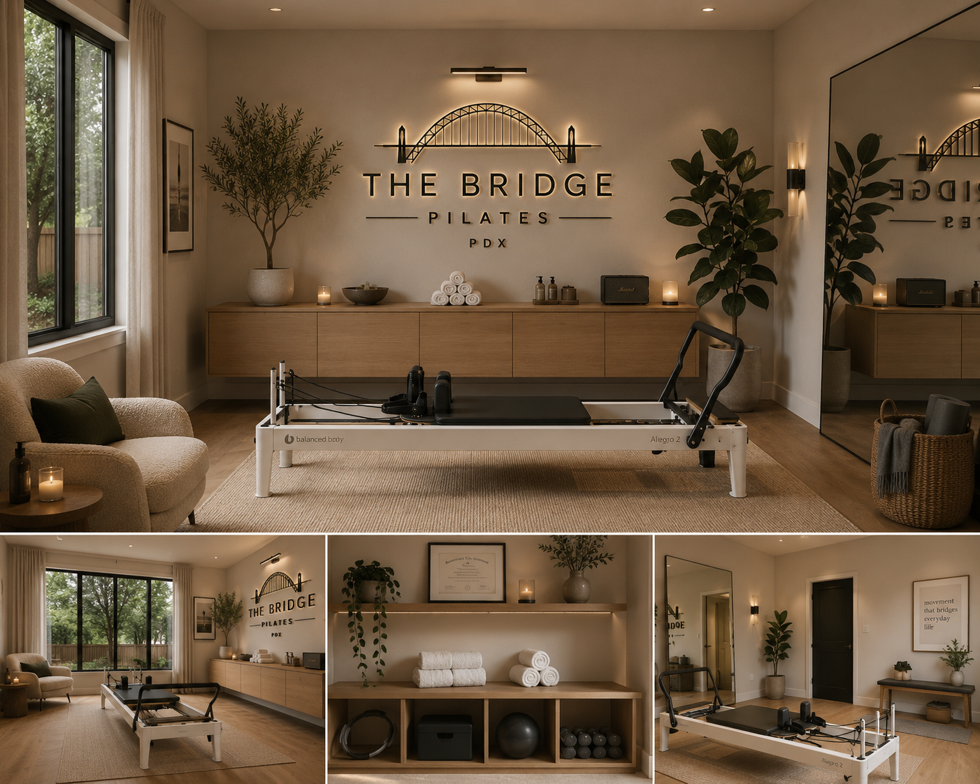 A Pilates studio with a reformer machine, a beige armchair with a black pillow, candles, plants, and framed art, featuring a modern minimalistic design.