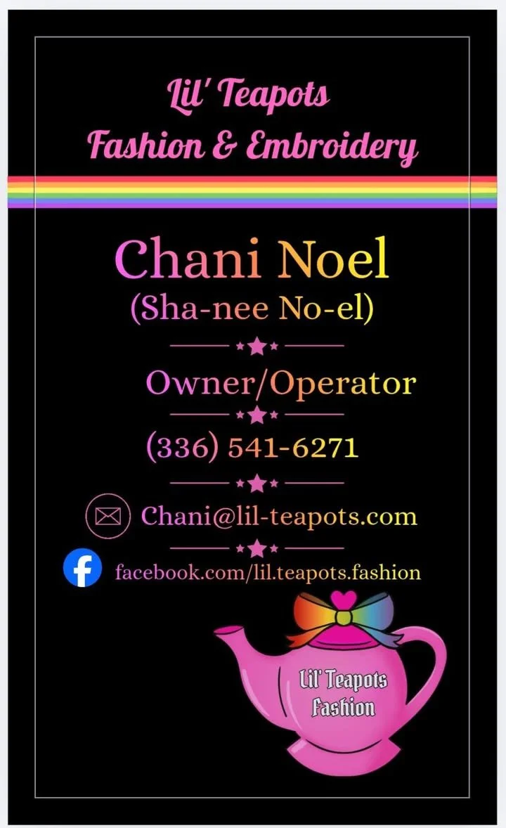 Business card for Lil' Teapots Fashion & Embroidery featuring contact info, social media, and a pink teapot graphic with a rainbow bow.
