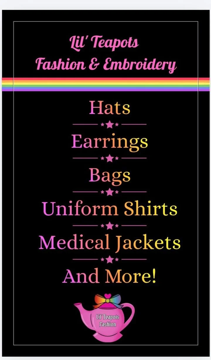 Advertisement for Lil' Teapots Fashion & Embroidery, listing items like hats, earrings, bags, uniform shirts, medical jackets, and more, with a pink teapot logo at the bottom.