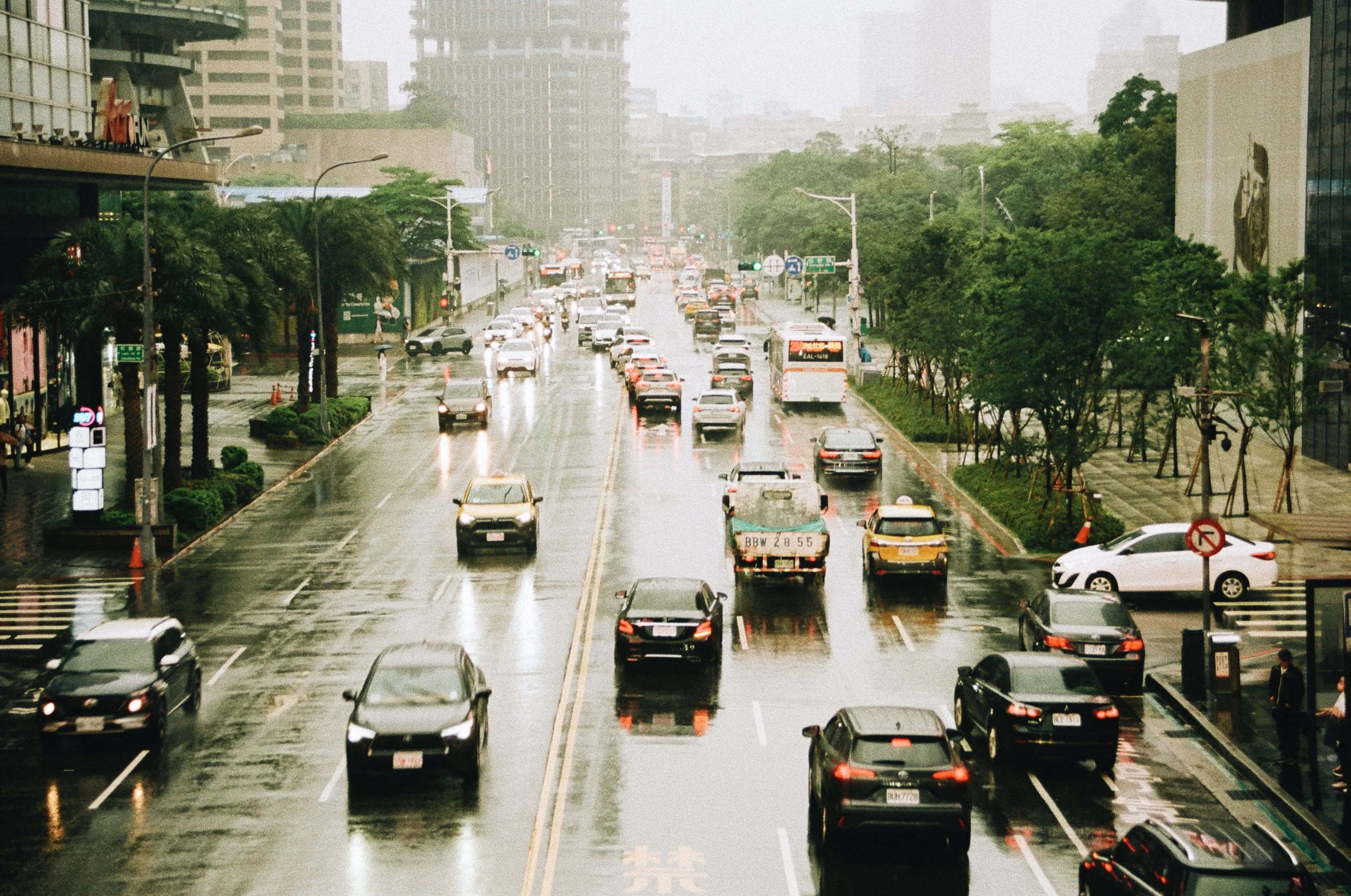 Rainy city street filled with cars and buses, with tall buildings and trees on either side.
