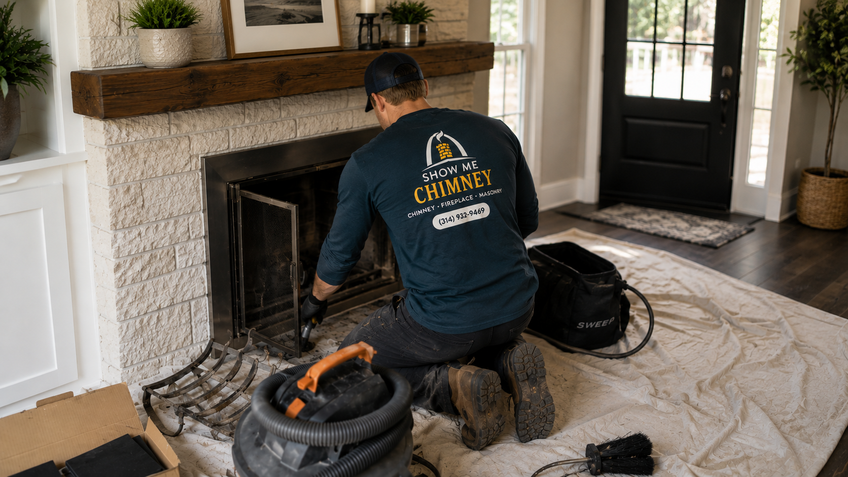 Chimney sweep kneels on drop cloth in a nice home to do a Level 2 chimney inspection on the fireplace. He wears a marine green Show Me Chimney shirt, has a shop vac and some other tools.