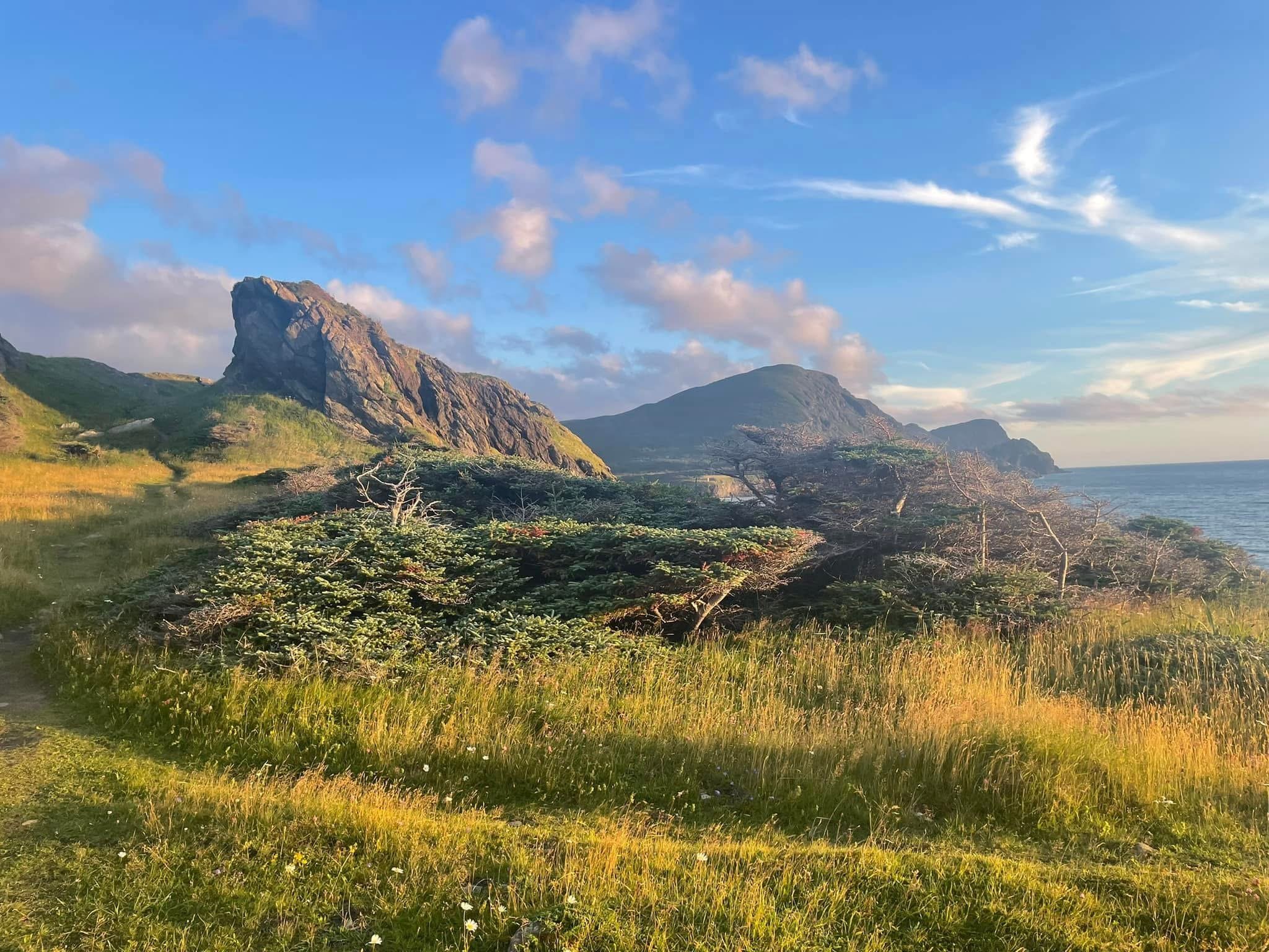 Scenic landscape of green grassy fields, rocky mountains, and a blue sky with scattered clouds.