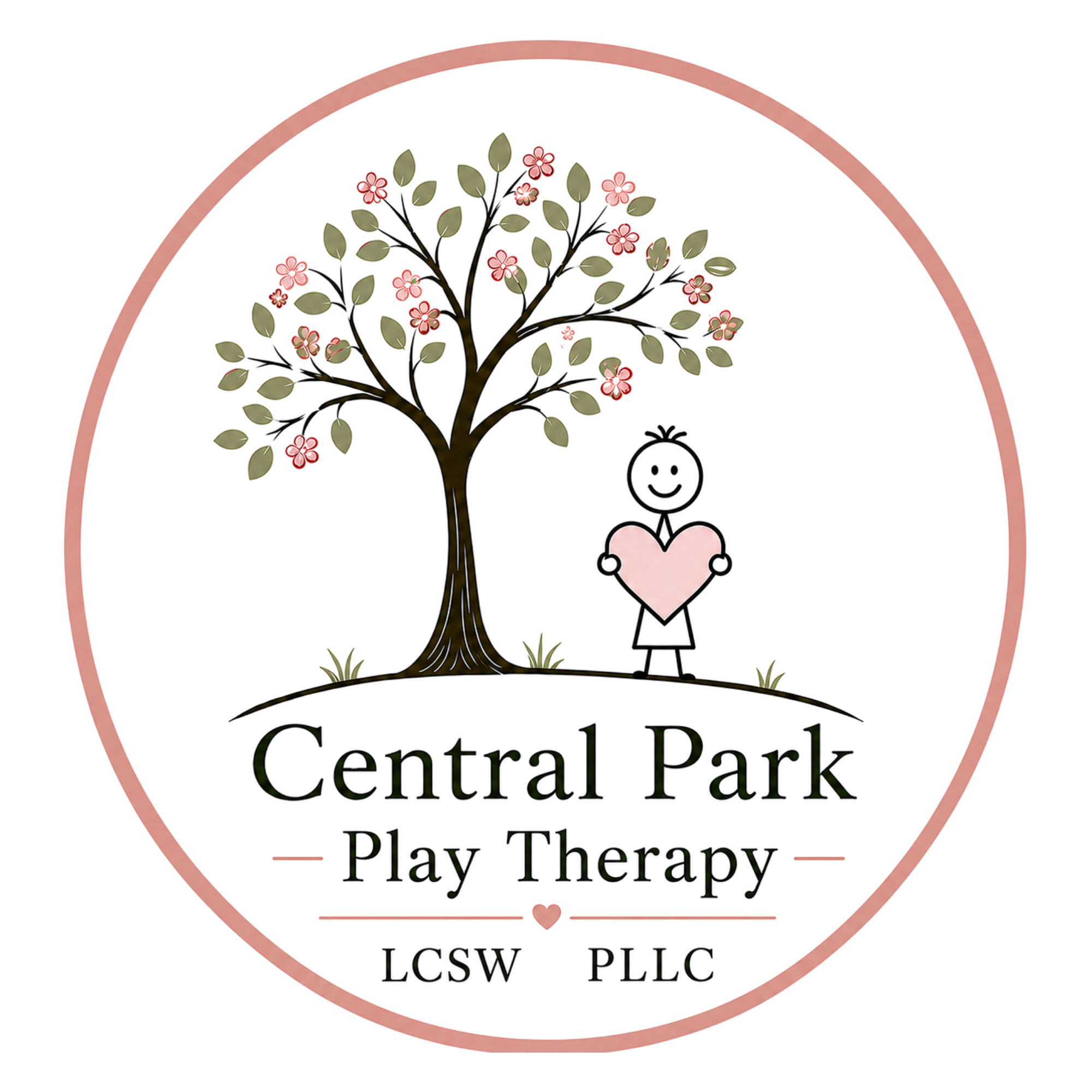 Logo of Central Park Play Therapy with a tree and flowers inside a pink heart outline