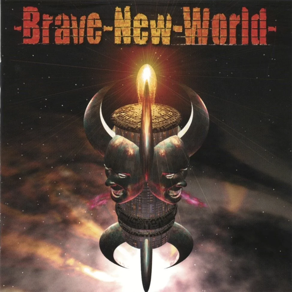 Retro-style album cover art with the words "Brave-New-World" at the top, featuring a surreal, cosmic scene with two mirrored human faces, a rocket launching from the center, and planetary and spaceship elements in a dark space background.