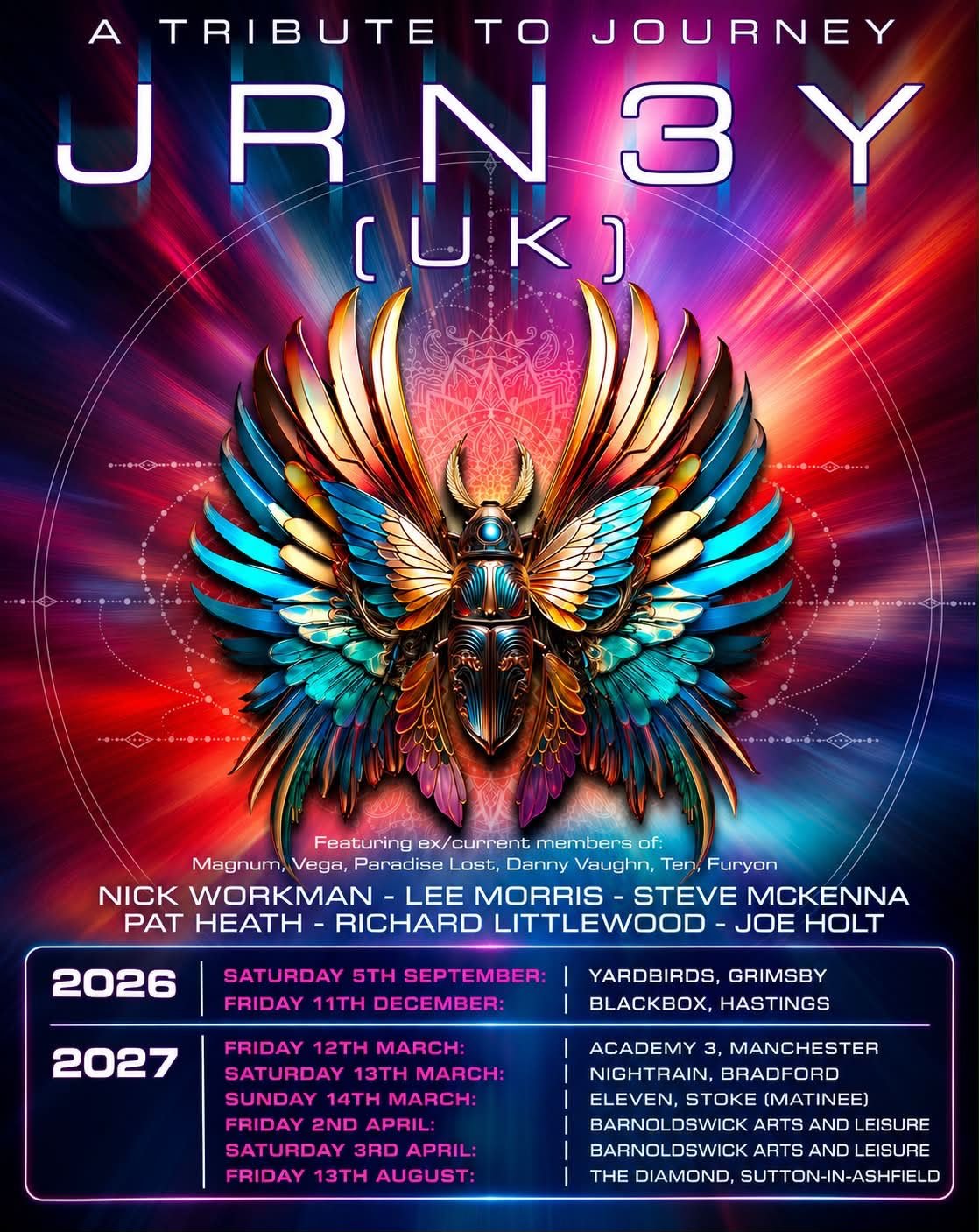 Event poster for 'A Tribute to Journey' featuring a colorful, metallic, winged beetle with vibrant blue, gold, and purple wings and a cosmic background. It lists performance dates and venues for 2022 and 2023 and includes performers' names.
