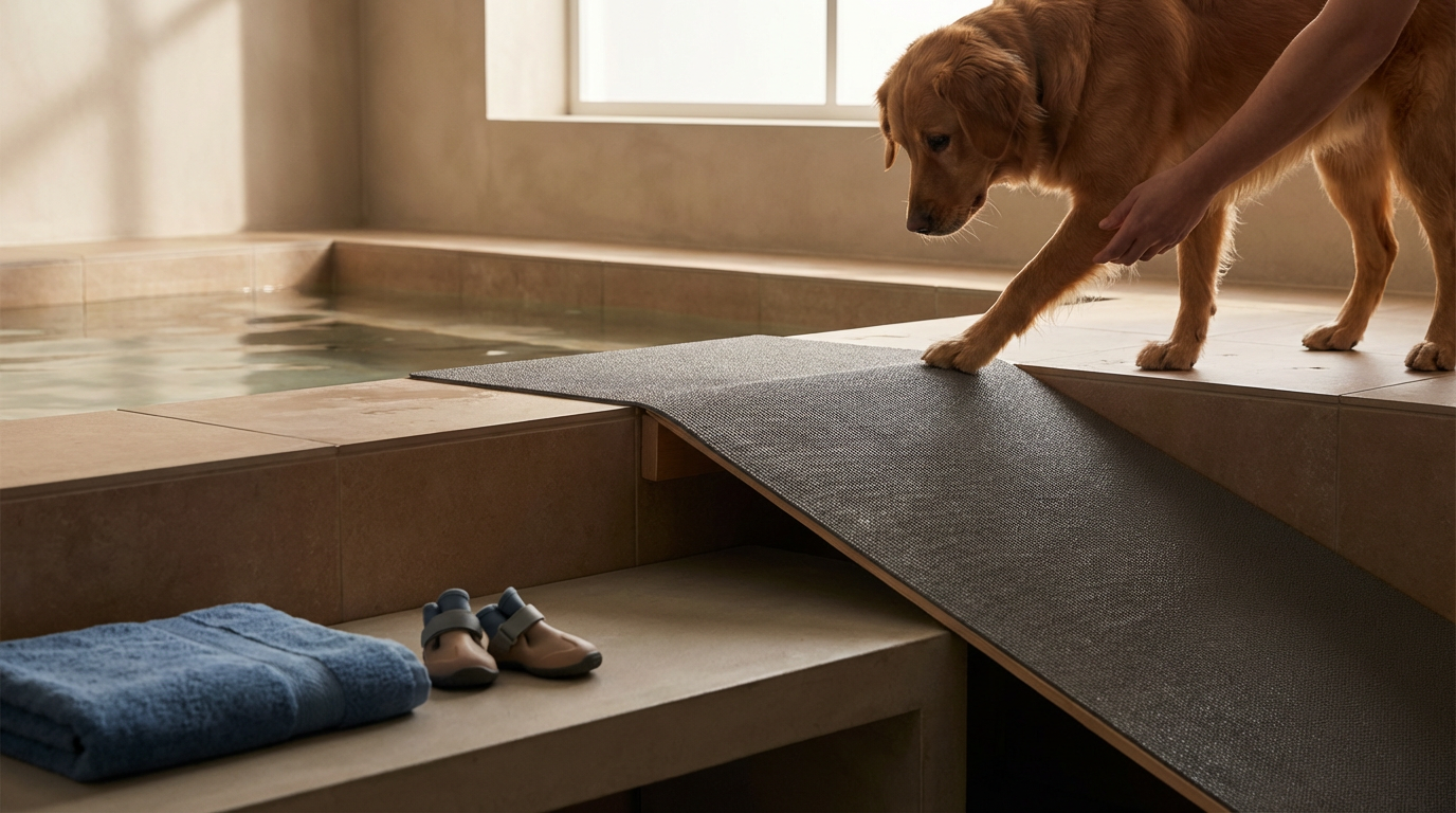 A person helping a golden retriever step onto a ramp, leading into a bath area with a towel and small shoes on the bench in the foreground.