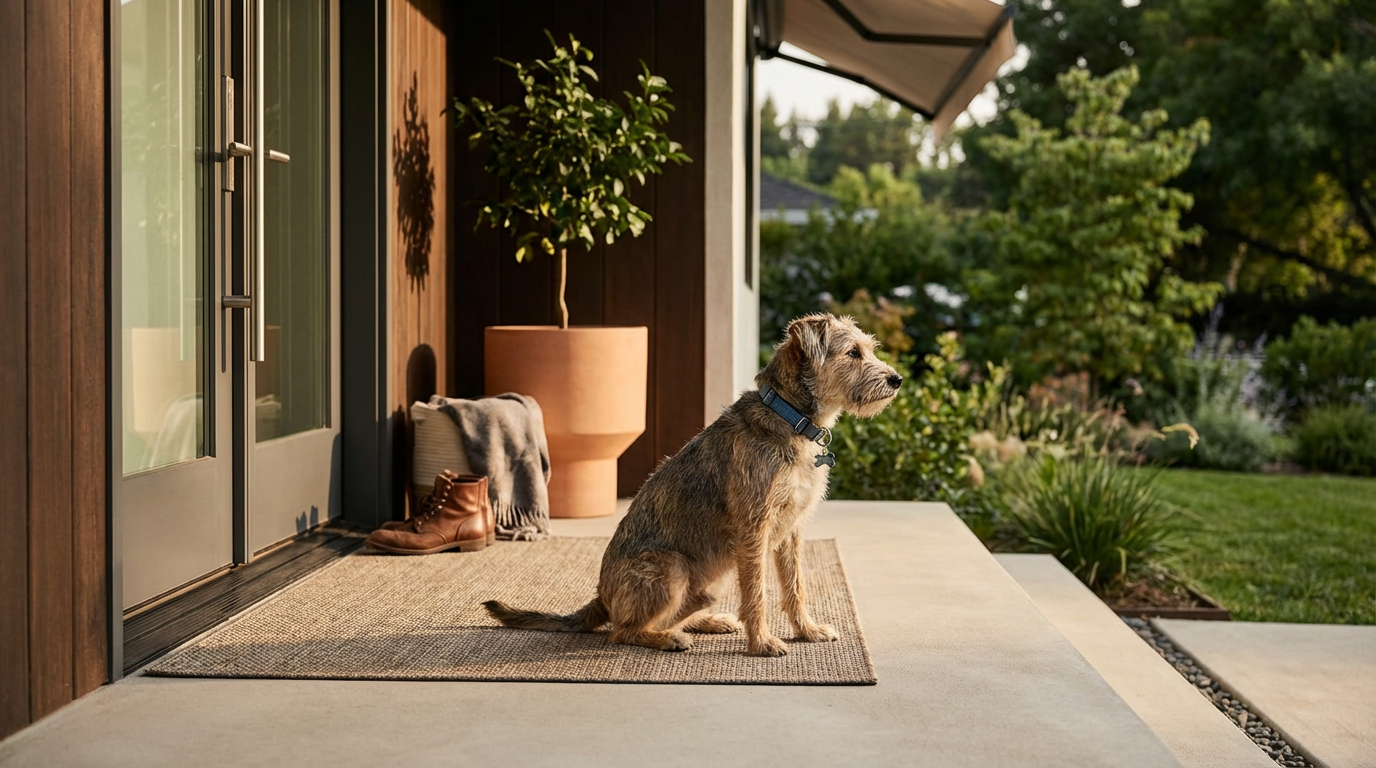 A dog sitting on a doormat on a porch outside a house, with plants and greenery in the background.