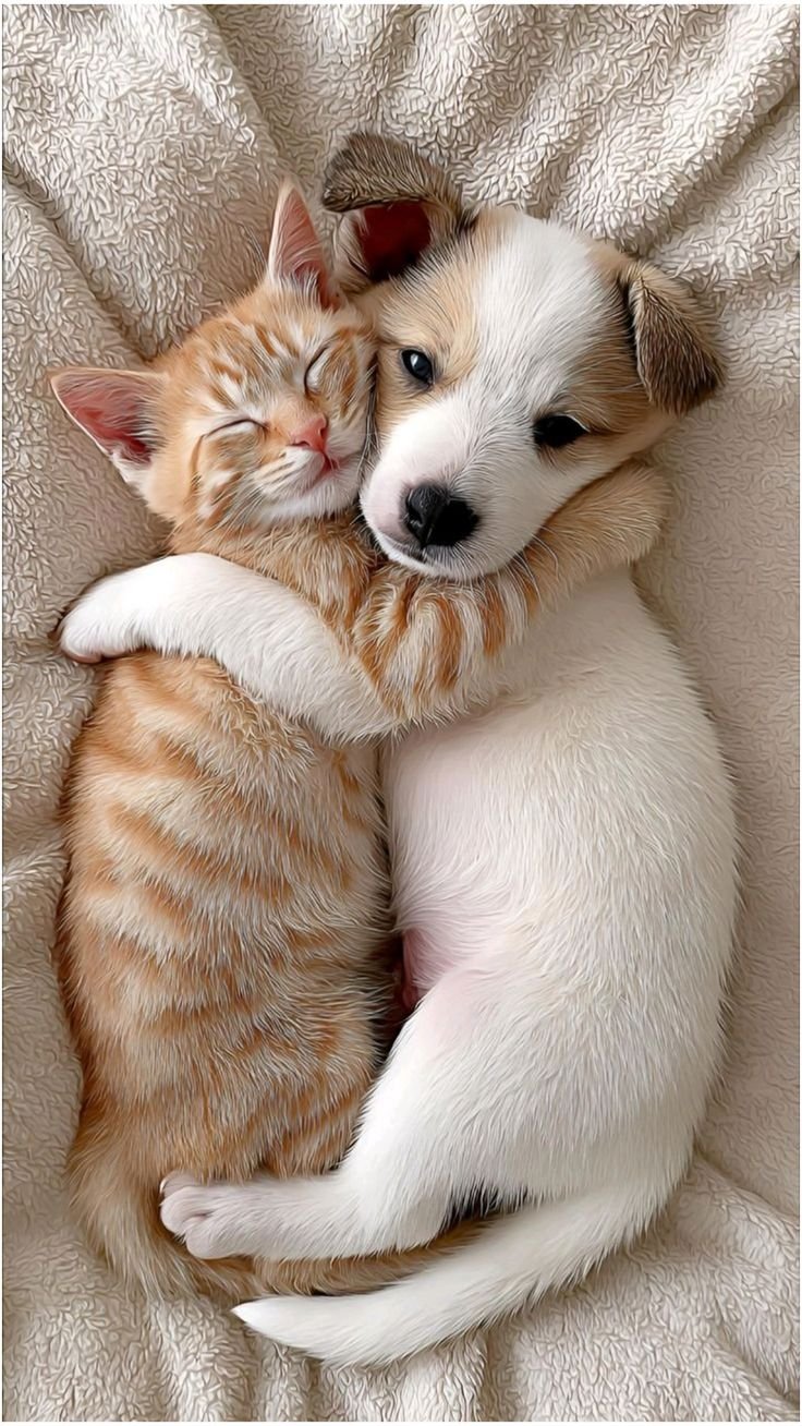 A ginger kitten and a white puppy cuddling and hugging each other on a soft cream blanket.