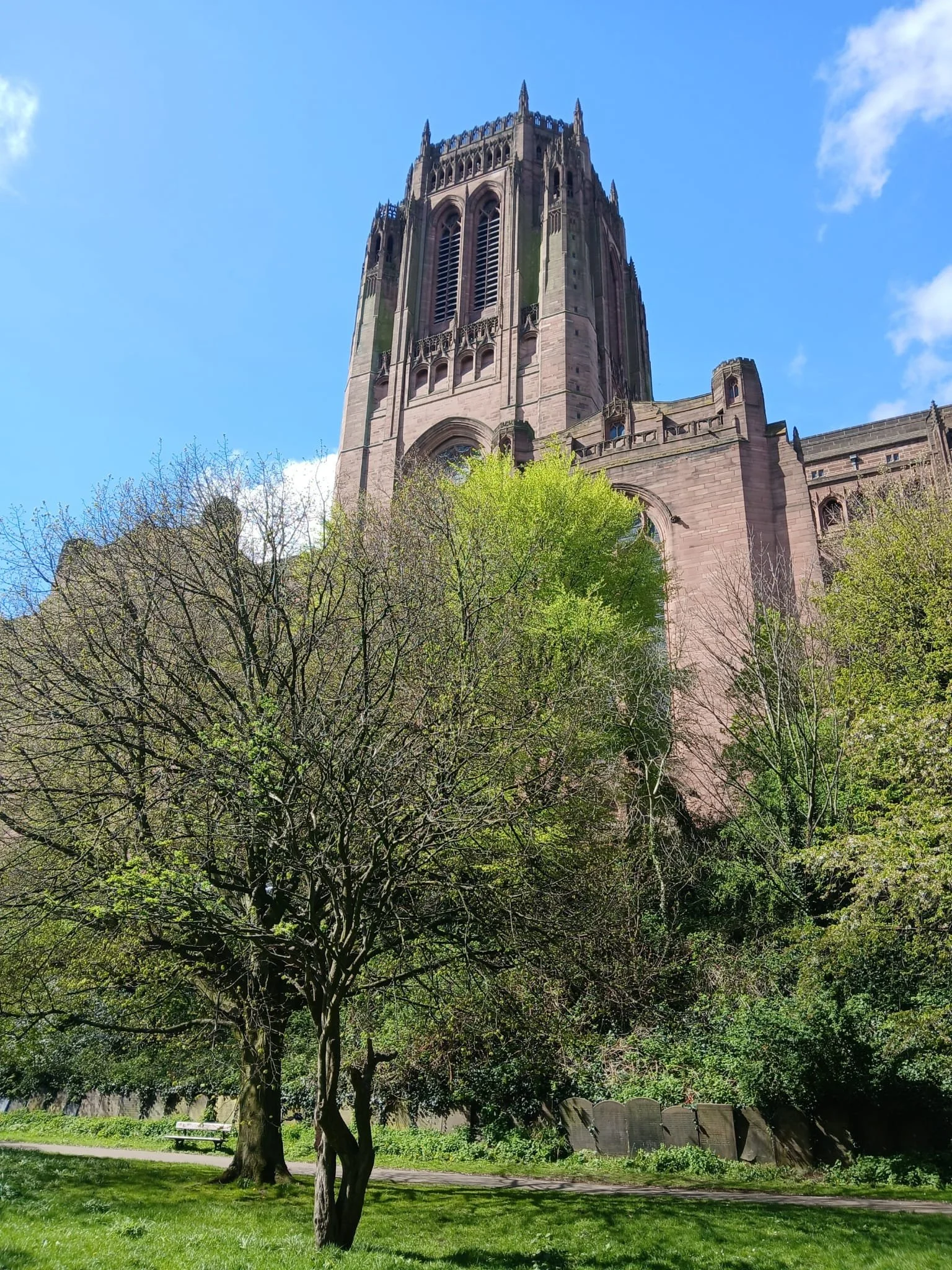 Tall church tower with gothic architecture, surrounded by trees and a park with a bench and a pathway.