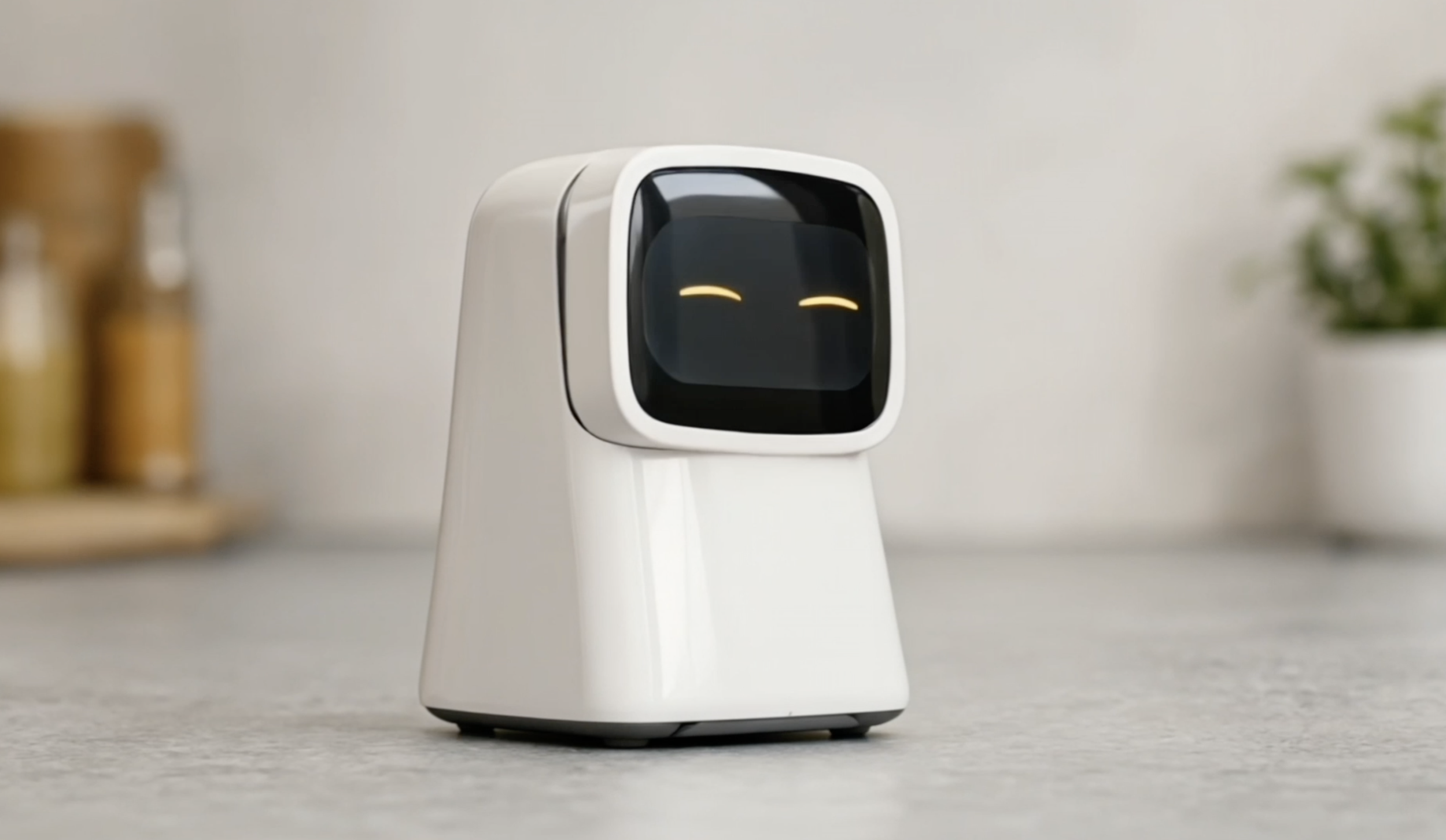 A white robot with a black face and yellow eyes smiling, standing on a gray surface in a room with a blurred background of a plant and kitchen items.
