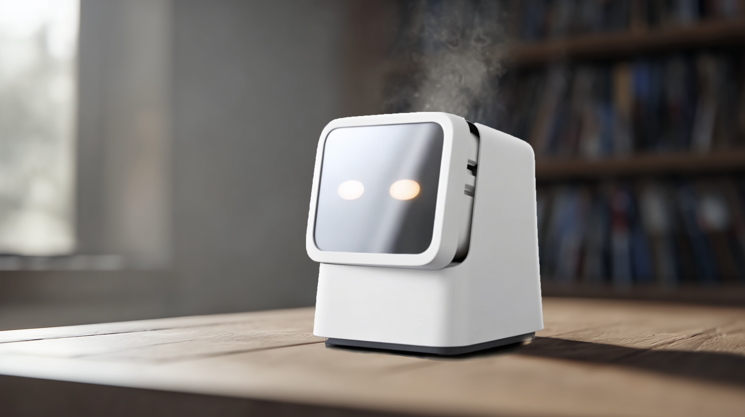A white robot with a mirror-like faceplate and glowing eyes is standing on a wooden desk in a room with shelves of books in the background.
