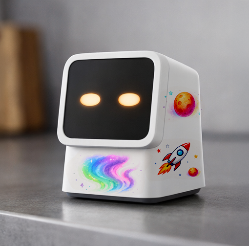 A small robot with a black screen face displaying two glowing orange eyes, decorated with colorful space-themed stickers like a rocket and planets, placed on a gray surface.