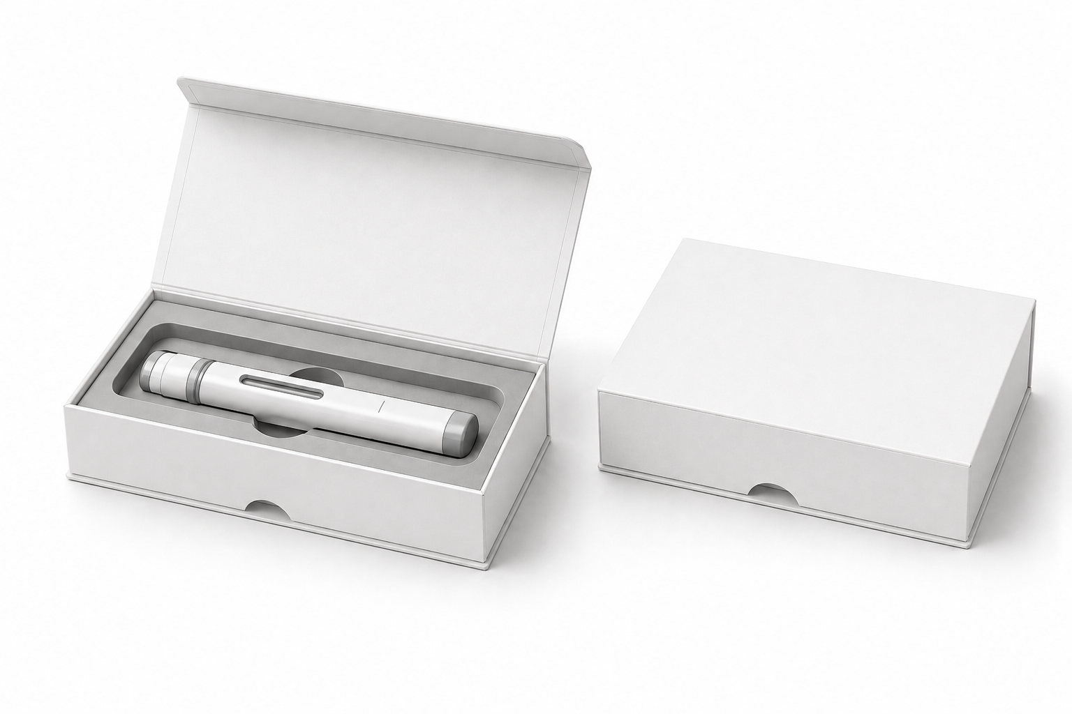 A rendered image of an auto-injector in a package.