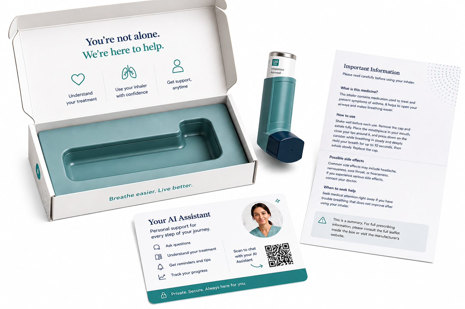Open box containing a teal inhaler device and an informational leaflet, with a printed QR code that activates an AI user support application on a smart phone.