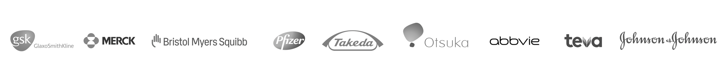 Logos of pharmaceutical and healthcare companies, including GSK, Merck, Bristol Myers Squibb, Pfizer, Takeda, Otsuka, AbbVie, Teva, and Johnson & Johnson.