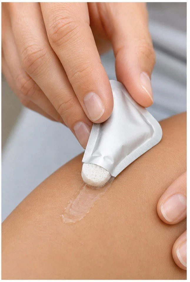 Person applying ointment from a foil packet onto their skin.
