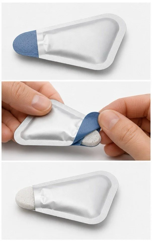 Steps showing a person peeling off a blue tab on an aluminum container, revealing a white topical sponge inside.