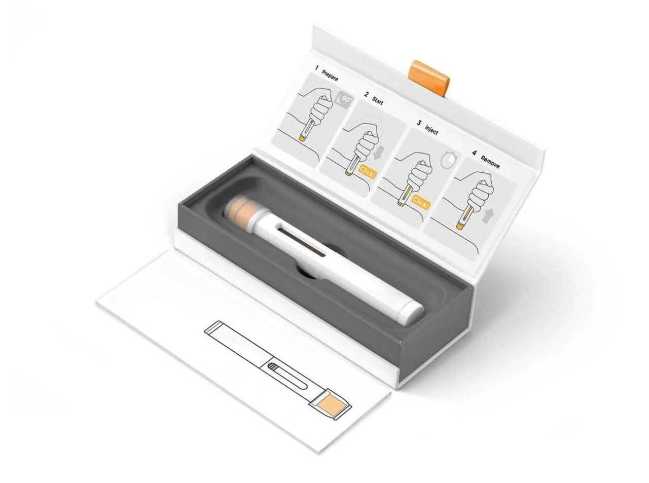 An auto-injector with instructions inside a gray box.
