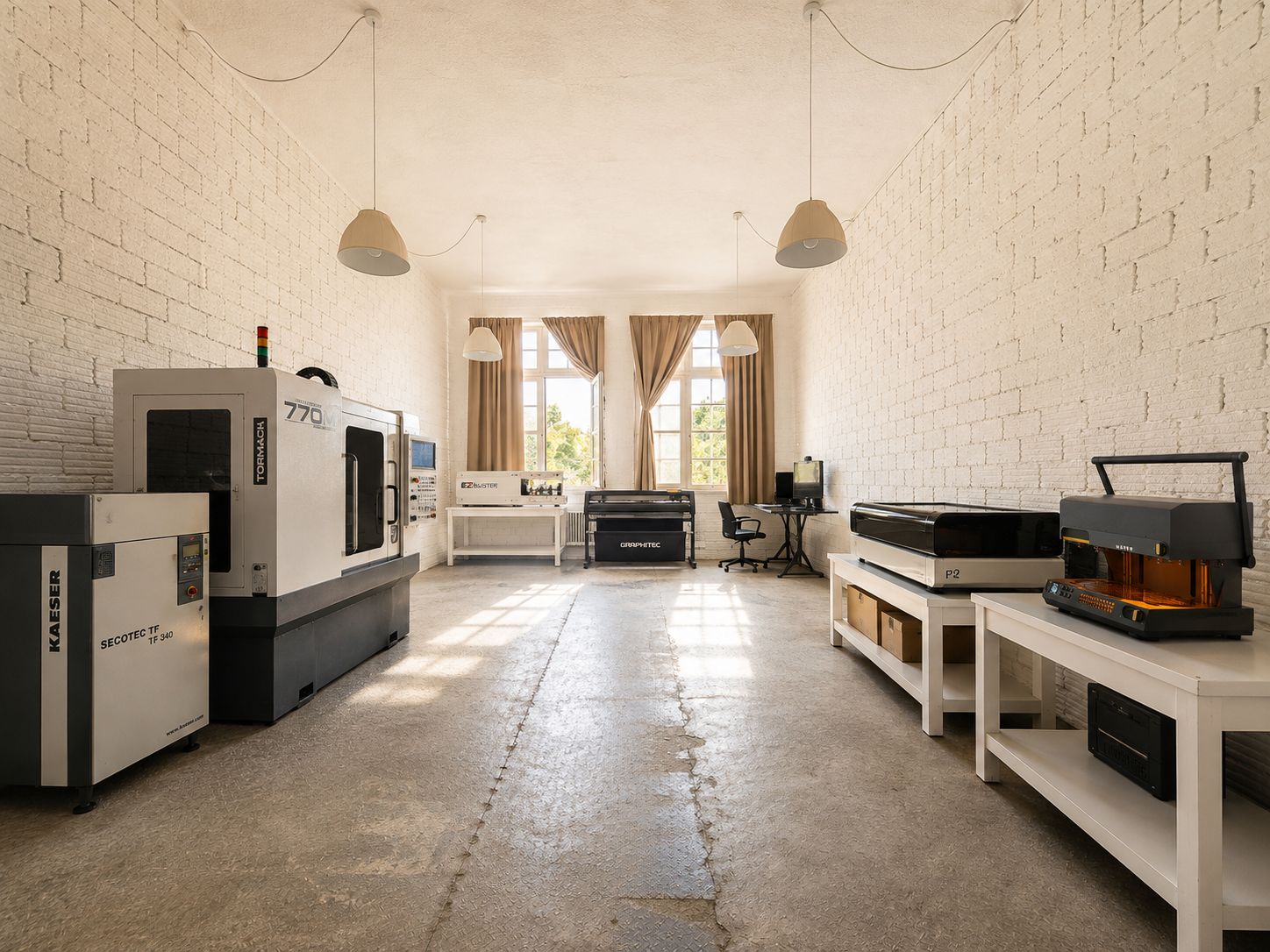 A spacious room with white brick walls, industrial lighting, and multiple machines and workstations, including computer, printing, and manufacturing equipment.