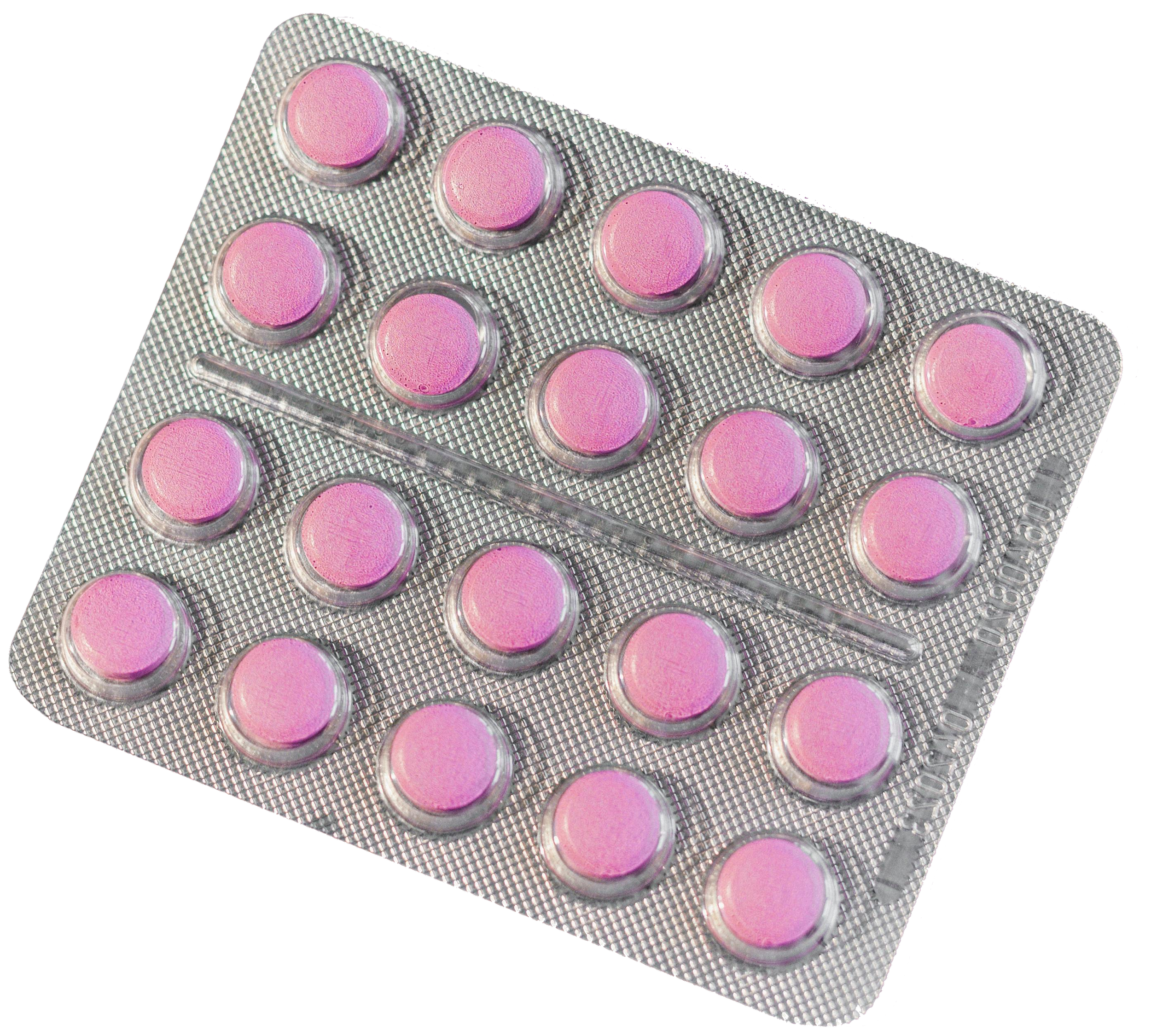 Close-up of a blister pack of pink round pills.