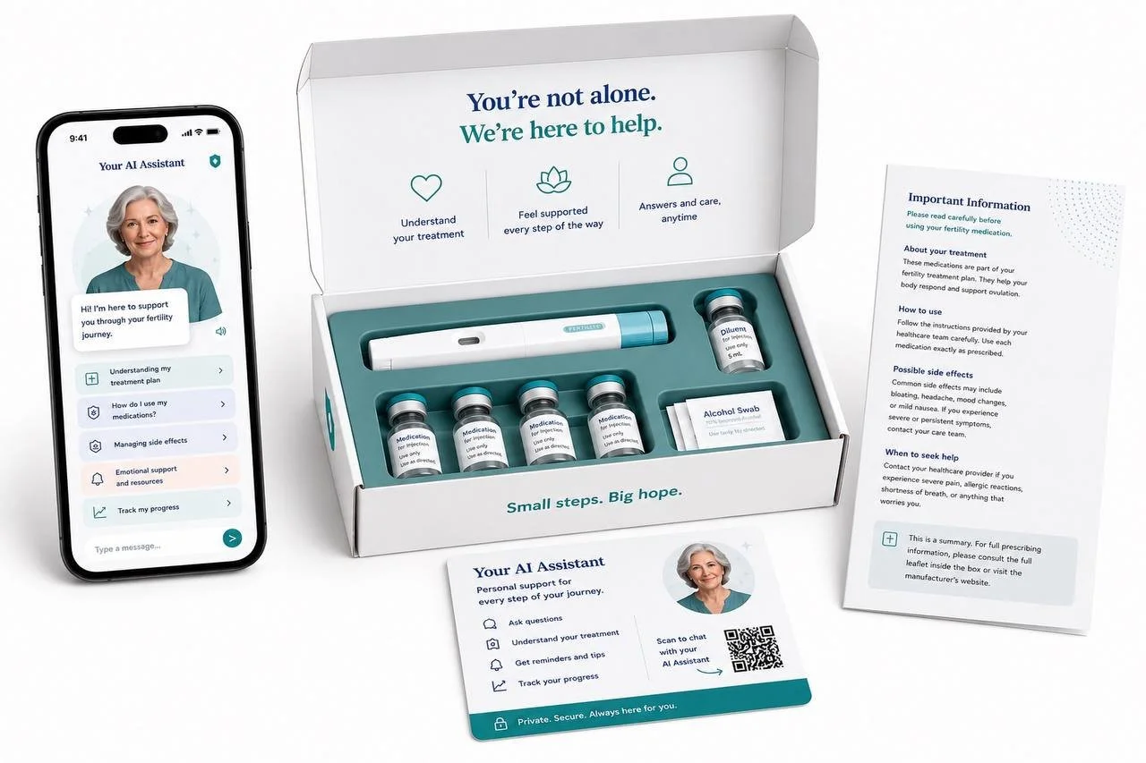 Fertility treatment kit with medication bottles, accompanied by a smartphone app and informational leaflets for support and instructions.