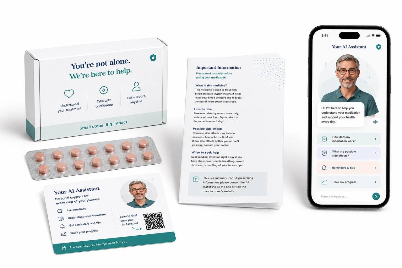 A healthcare support kit includes a box of medication tablets, an informational leaflet, a printed QR code insert that generates an AI assistant, and a smartphone screen showing a virtual health assistant app.