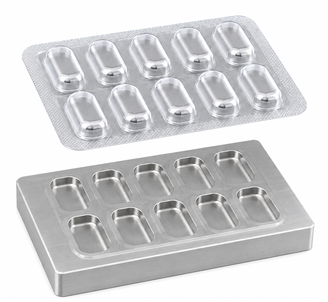 An aluminum thermoform mold for a blister pack with a plastic blister pack above the mold.