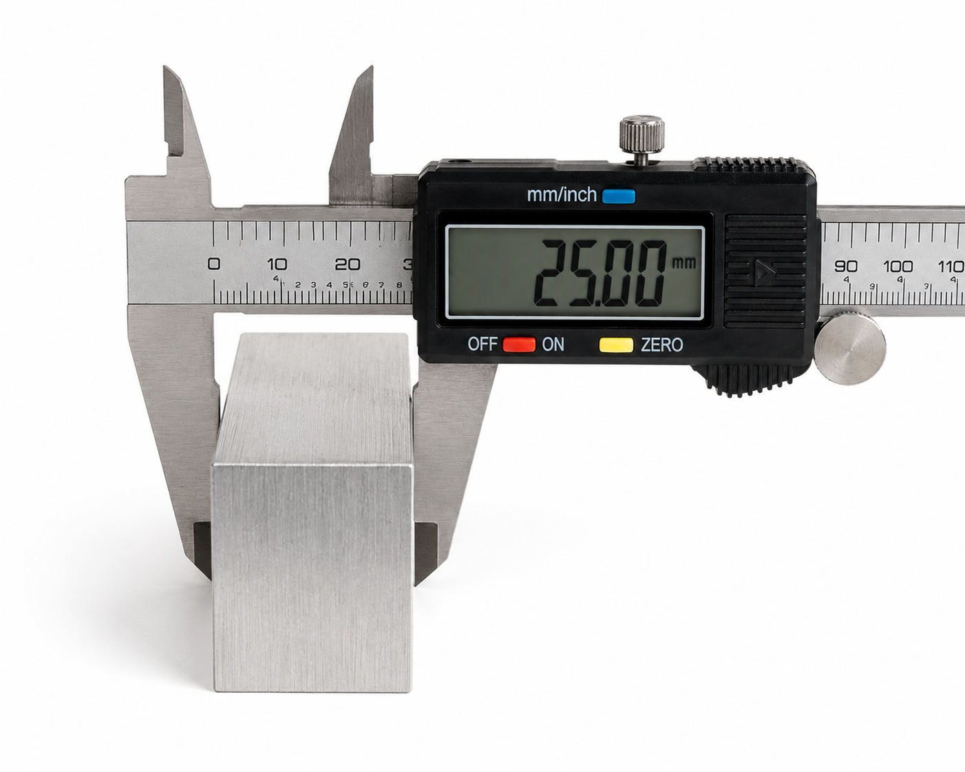 Digital caliper measuring a metal block, displaying 25.00 mm.