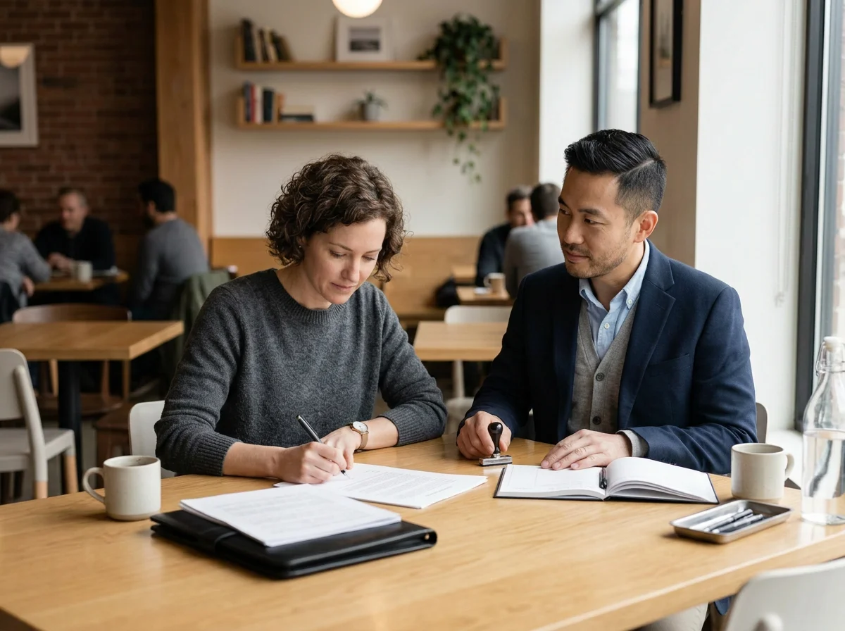 Two professionals, a woman with curly hair and a man with short black hair, sit at a wooden table in a coffee shop or café, discussing documents. The woman is writing, and the man has a stamp and an open notebook. Coffee mugs, a water bottle, and a smartphone are on the table. Other patrons are visible in the background, and large windows let in natural light.
