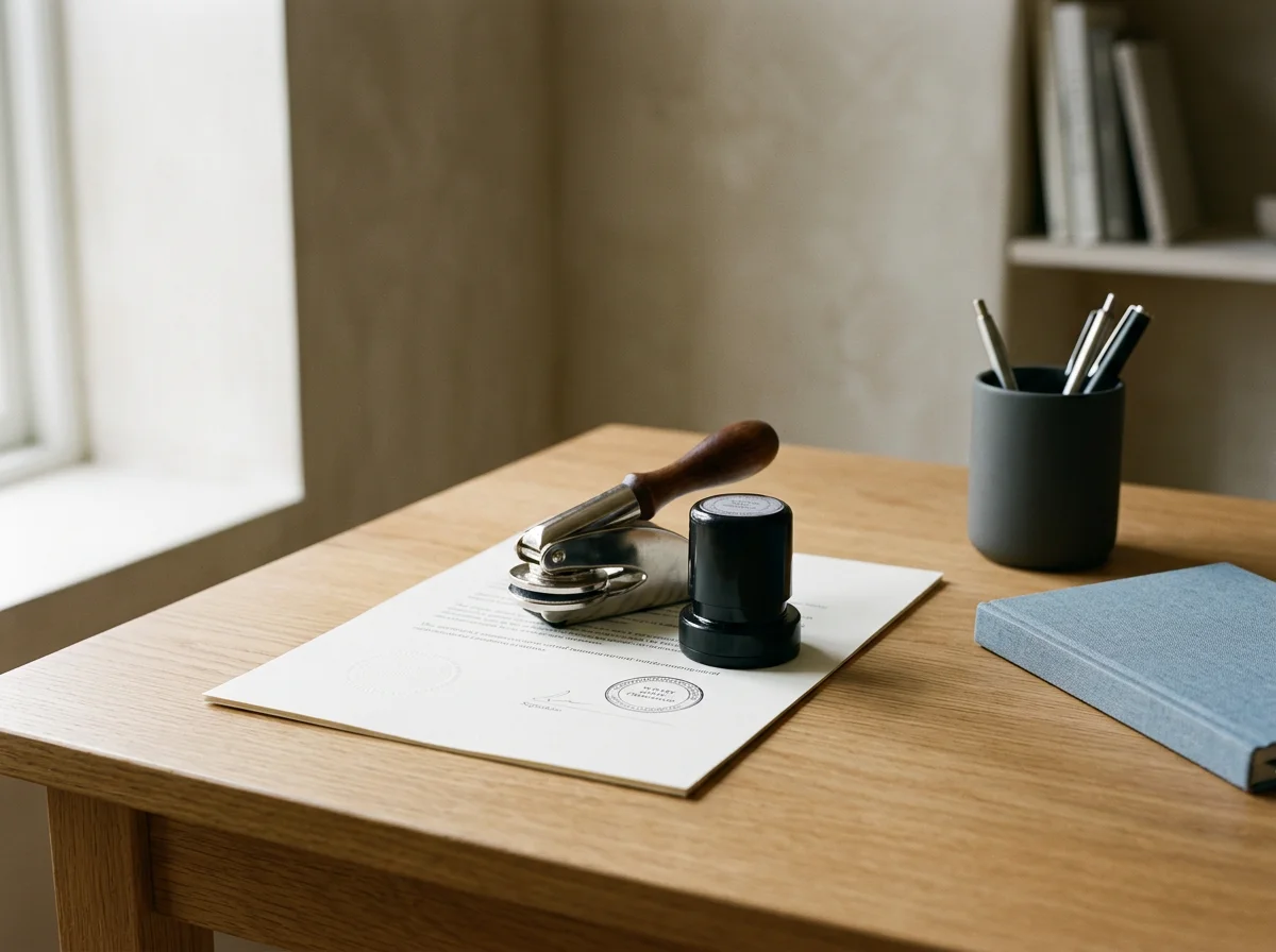 A desk with a wooden surface holding a document with official stamps, a black ink stamp pad, a wooden-handled stamp, a closed blue book, and a black pen holder with pens. In the background, part of a wall and a bookshelf are visible.
