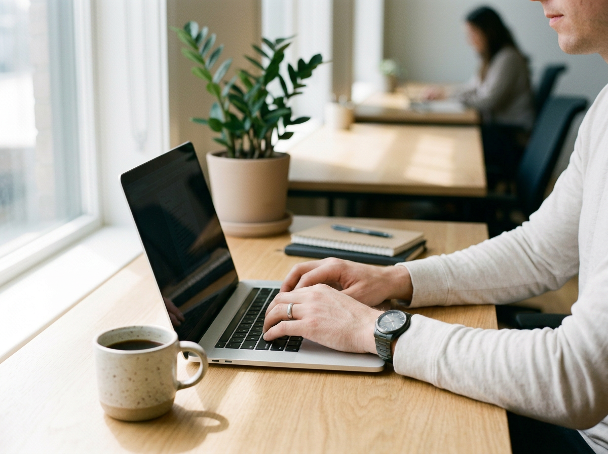 Person working on a laptop at a desk with a potted plant, a coffee mug, a notebook, and a pen, with another person working at a similar desk in the background.