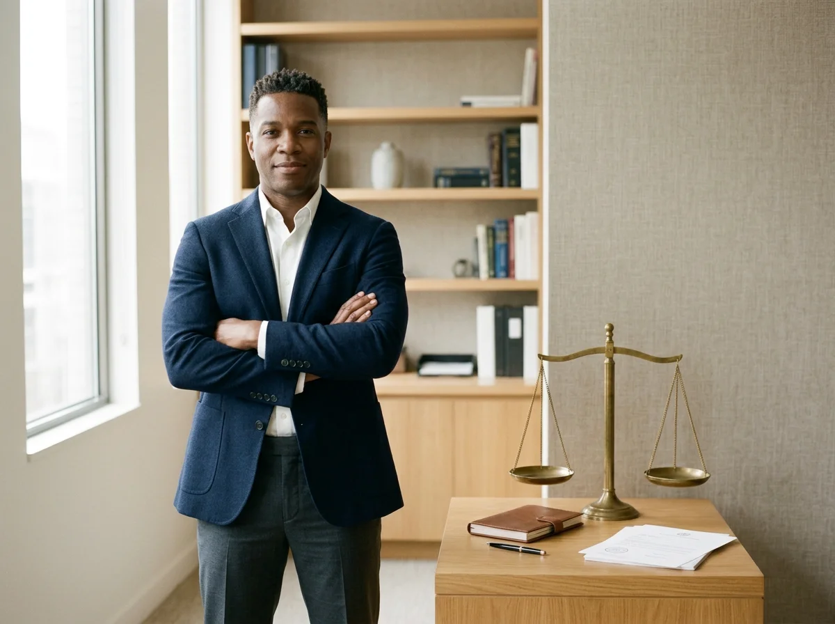 A man in a navy blazer and white shirt stands with arms crossed in a room with a bookshelf behind him. There is a wooden table with a scale, a notebook, a pen, and some papers on it.