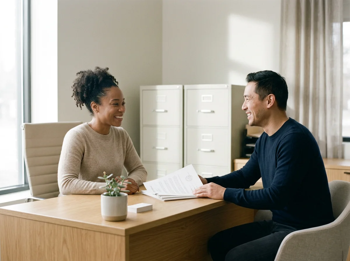 A woman and a man sitting at a desk in an office, smiling and engaging in conversation, with documents in front of them.