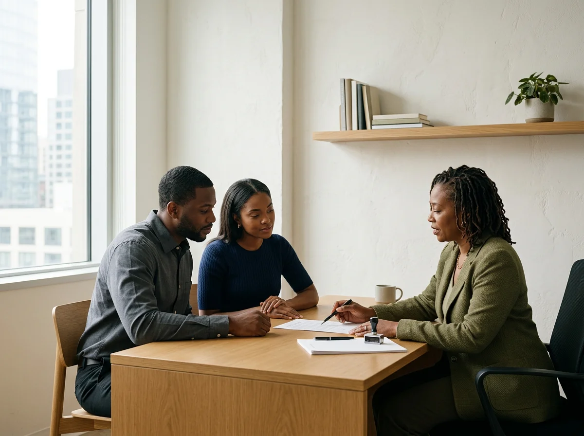 A woman in a green blazer sitting at a desk with two young adults, a man and a woman, listening and taking notes during an interview in a bright office with city buildings outside the window.