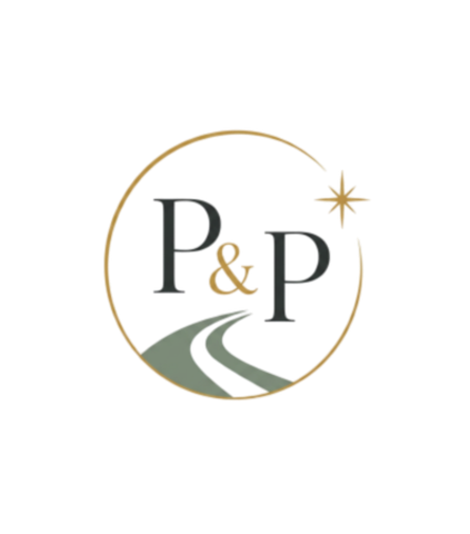 Logo with a gold circle, a star, a winding road, and the letters P & P in gray.
