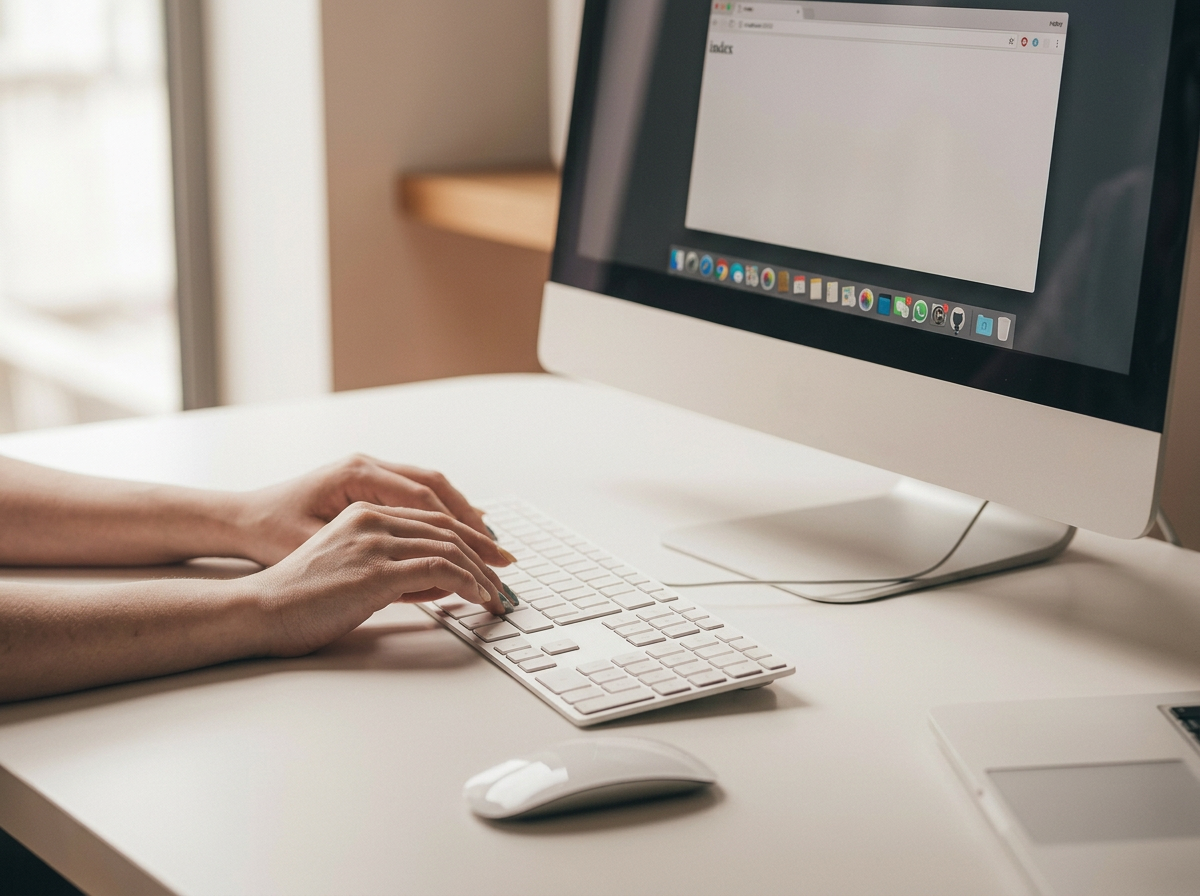 Person typing on a white keyboard in front of an iMac computer on a white desk.
