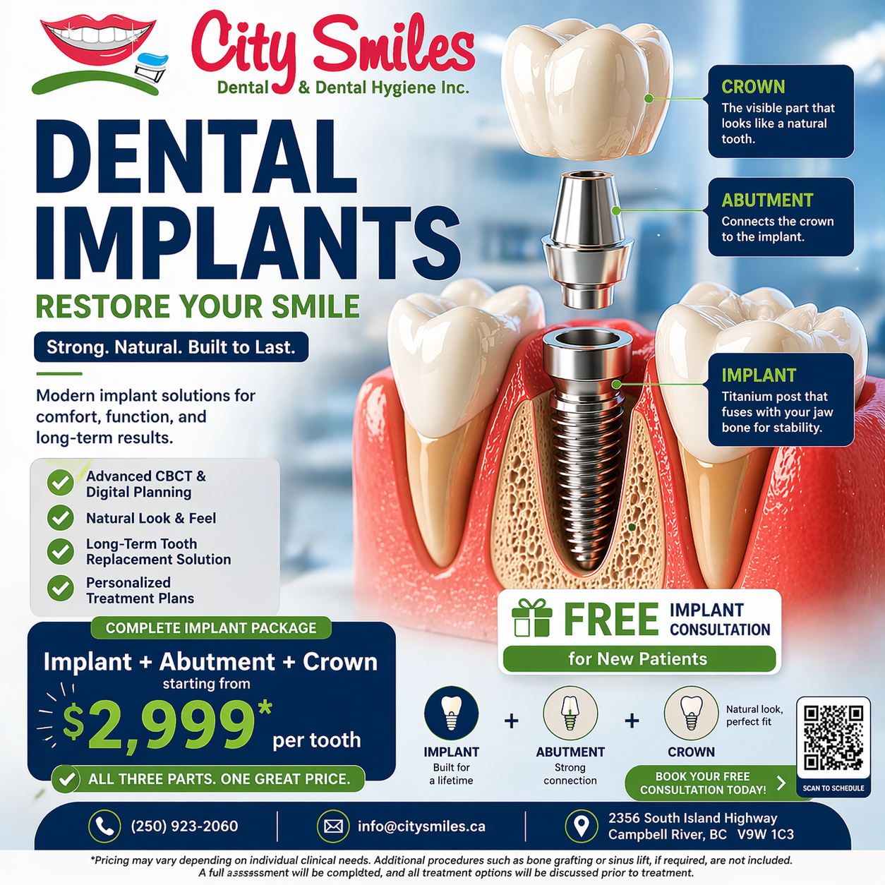 An advertisement for dental implants by City Smiles Dental & Dental Hygiene Inc. showing a diagram of a dental implant system with parts labeled: Crown, Abutment, and Implant. It also promotes a free consultation for new patients, details pricing starting at $2,999 per tooth, and mentions features like long-term results and natural appearance.