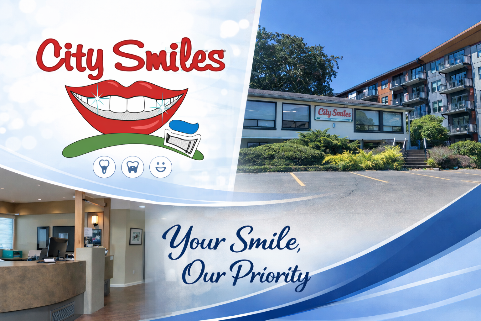 Sign for City Smiles dental office with logo of smiling mouth and toothbrush, view of the office entrance, and text 'Your Smile, Our Priority'