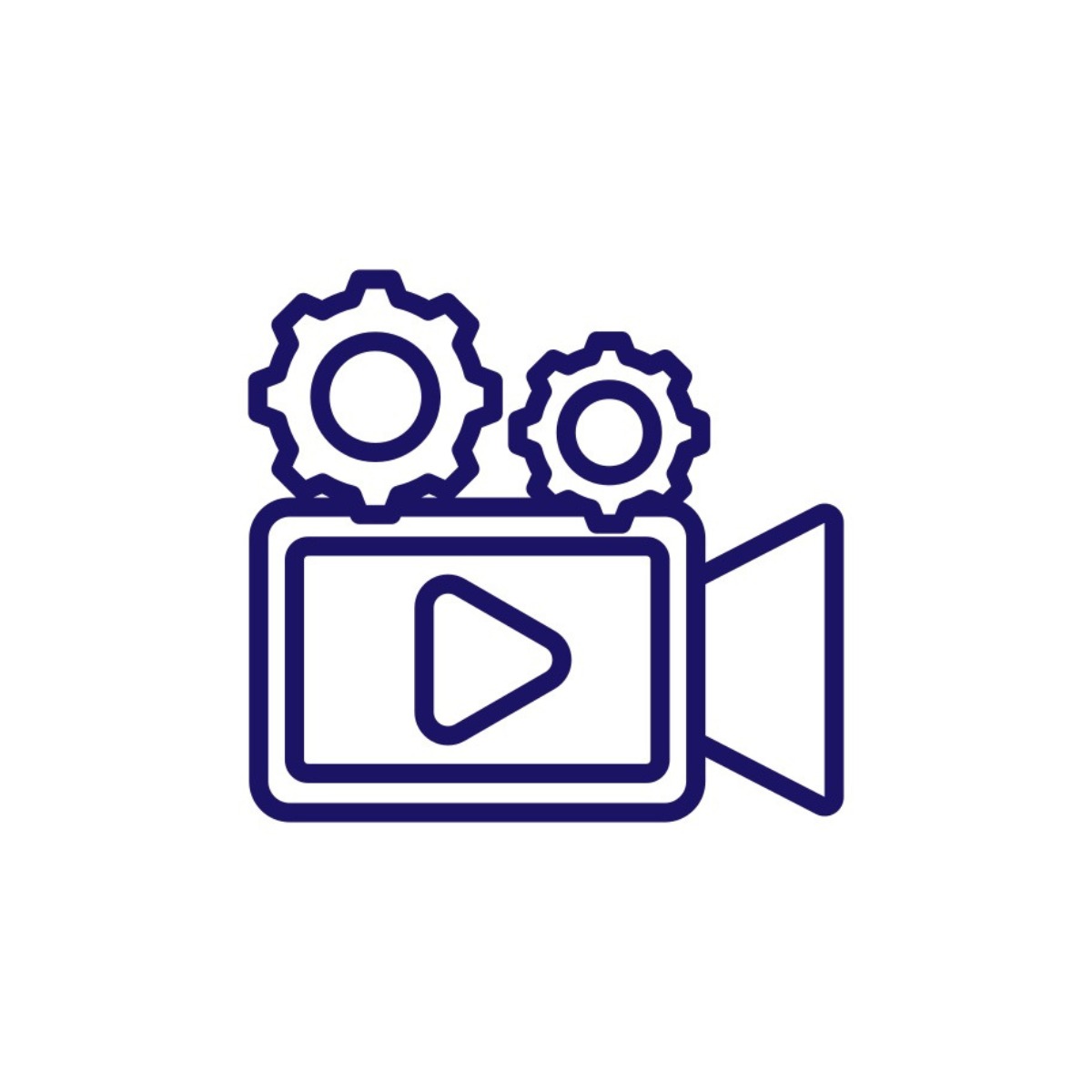 Icône de caméra de vidéo avec deux engrenages, symbolisant la communication vidéo ou la production de contenu vidéo.