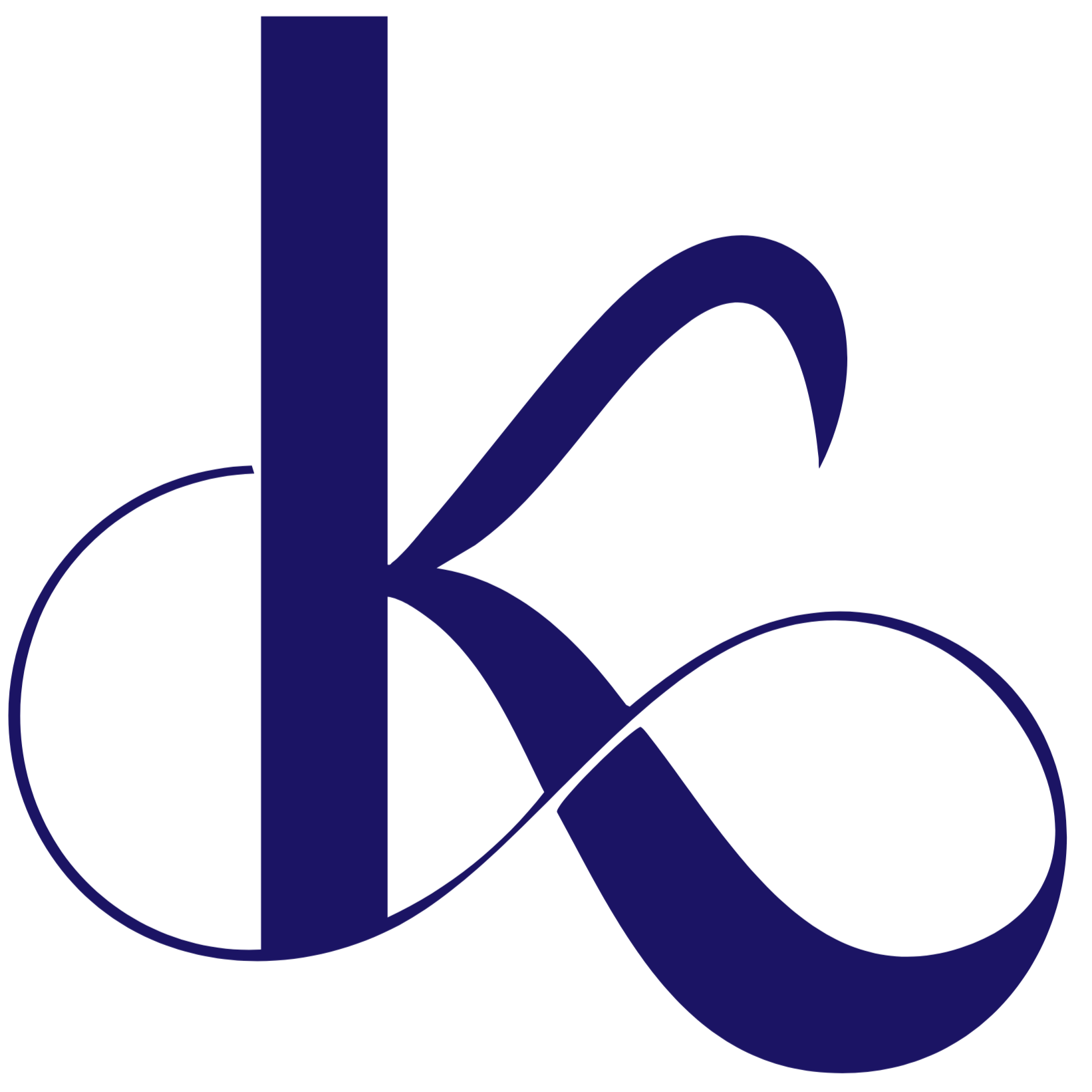 Une illustration artistique de lettres cursives bleues formant un motif décoratif composé de 'K' et 'O' en grand.