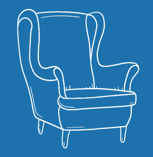 Outline drawing of a vintage armchair with high back and armrests on a blue background.